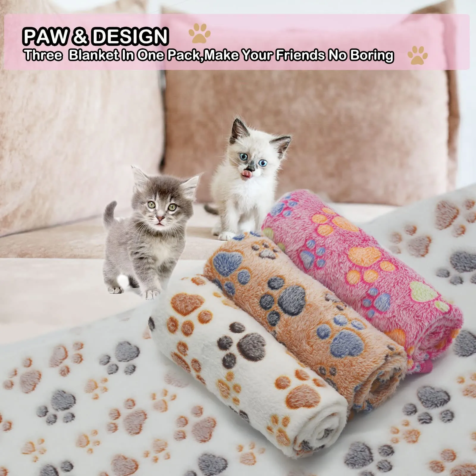 1 Pack 3 Puppy Blankets Super Soft Warm Sleep Mat Paw Print Blanket Fluffy Premium Fleece Pet Blanket Flannel Throw Dog Blankets for Small Dogs Puppy Cat ,Small(23"x15") Small(23"x15") Beige/Brown/Pink