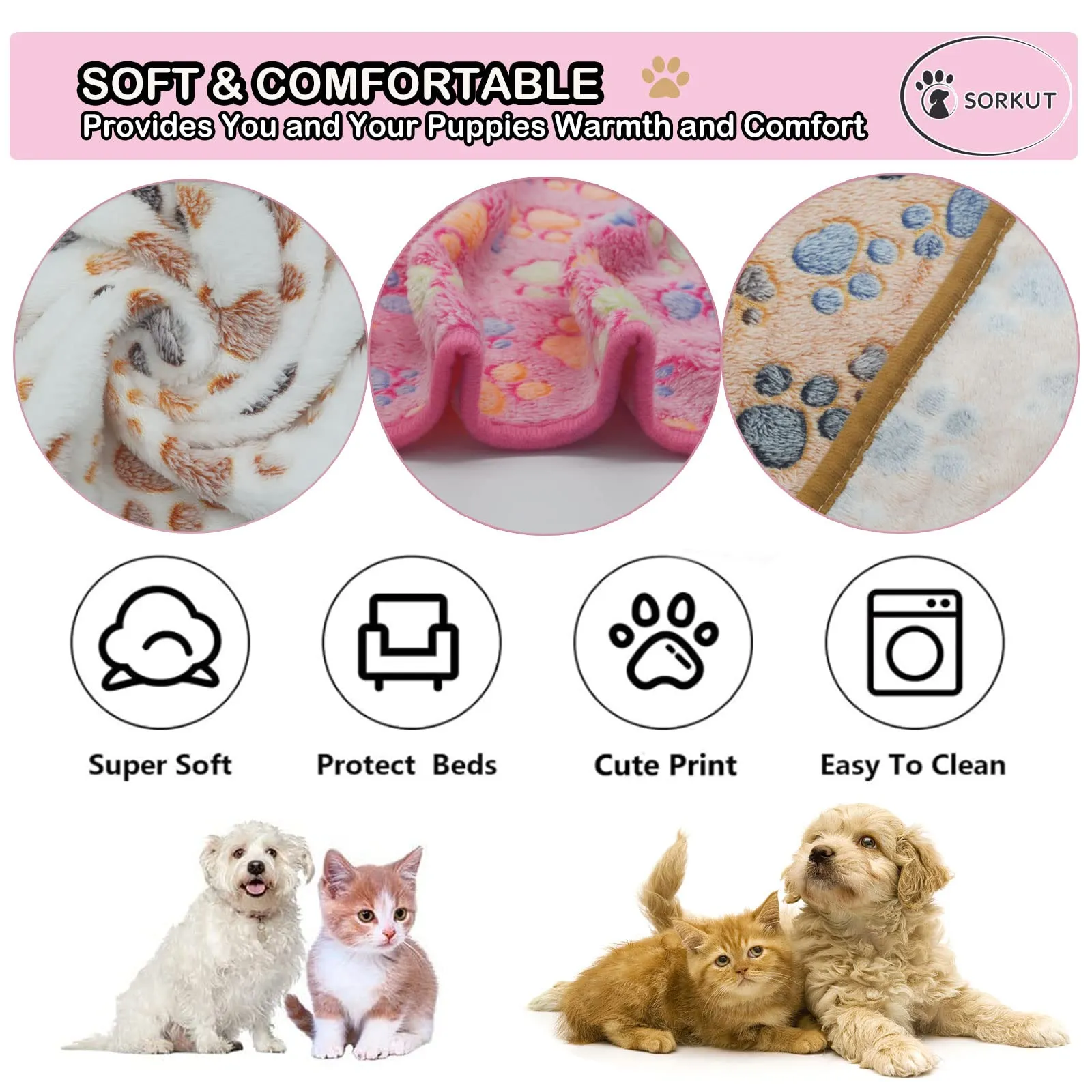 1 Pack 3 Puppy Blankets Super Soft Warm Sleep Mat Paw Print Blanket Fluffy Premium Fleece Pet Blanket Flannel Throw Dog Blankets for Small Dogs Puppy Cat ,Small(23"x15") Small(23"x15") Beige/Brown/Pink