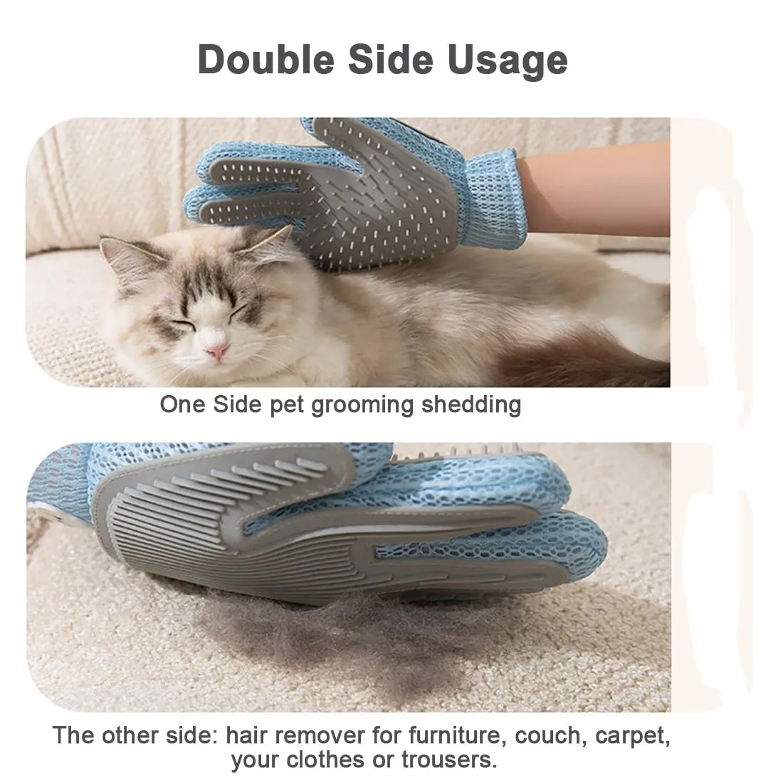 2 in 1 Pet Grooming Gloves for Dogs & Cats, Pet Fur Remover Glove, Grooming Brush for Shedding, Massage, Hair Remover Mitt, Fur Cleaner for Couch, Clothes,Carpet -1 Piece
