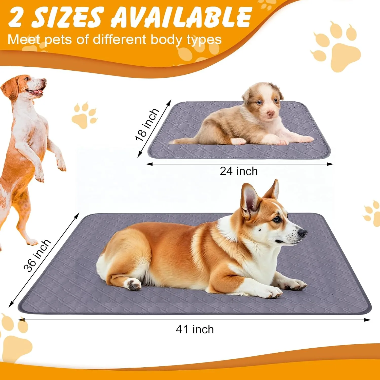 24 x 18Washable Pee Pads for Dogs,2 Pack Reusable Puppy Pads,Waterproof & Leakproof Non-Slip Pet Pee Pads ,4 Layer Design Reusable Pet Training Pads for Dogs, Cats, Bunny, Grey