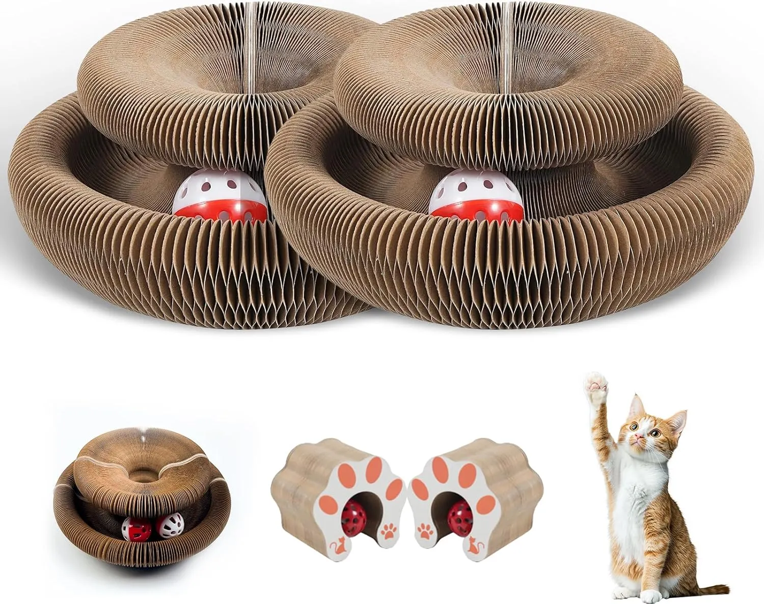 2pcs Kitty Kurlz Cat Toy - Foldable Accordion Cat Scratching Board with Bell Ball - Interactive Cardboard Scratcher cat Toys for Engaging Play