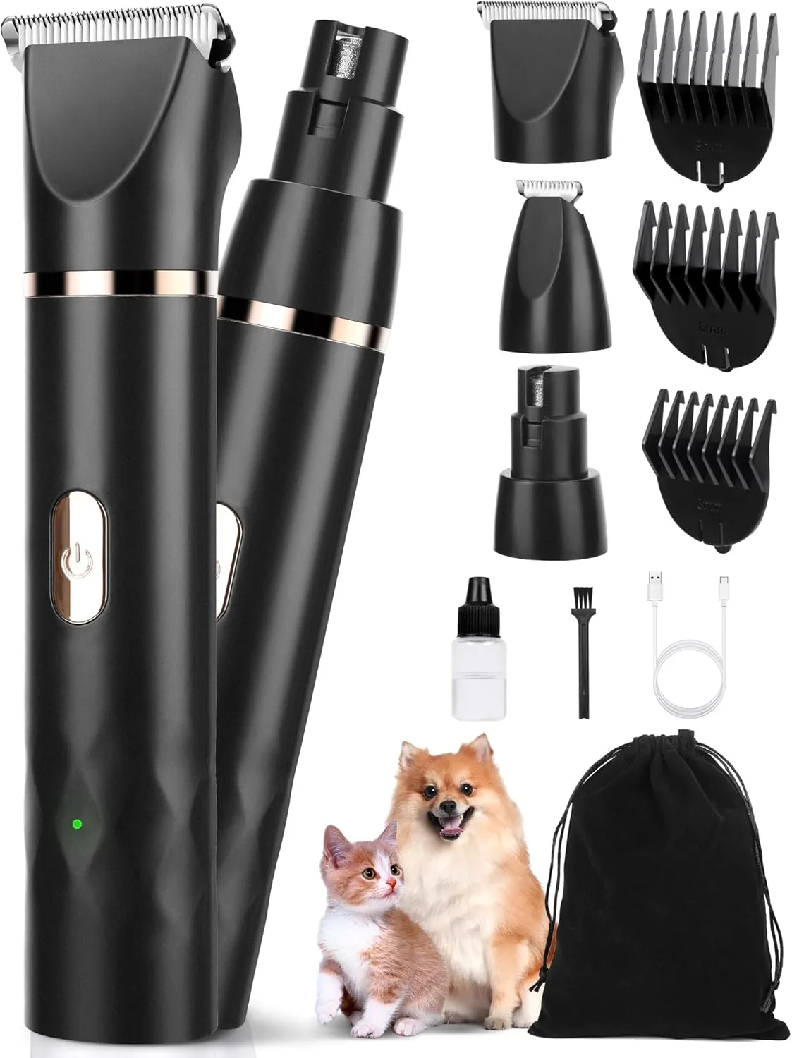 3 in 1 Small Dog Grooming Kit, 2 Speed Rechargeable Dogs Hair Clippers with Guards, Low Noise Electric Dog Paw Trimmer & Nail Grinder, Cordless Pet Shaver for Cats and Small Dogs(Black)