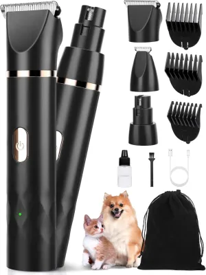 3 in 1 Small Dog Grooming Kit, 2 Speed Rechargeable Dogs Hair Clippers with Guards, Low Noise Electric Dog Paw Trimmer & Nail Grinder, Cordless Pet Shaver for Cats and Small Dogs(Black)
