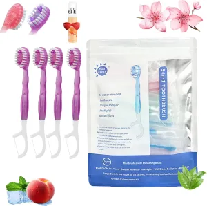 5 in 1 Mini Toothbrush & Floss & Tongue Scraper & Toothpick Set, 5-in-1 Travel Toothbrush Set,Individually Wrapped Disposable,Portable Oral Care for Travel Work (Cherry Blossoms)