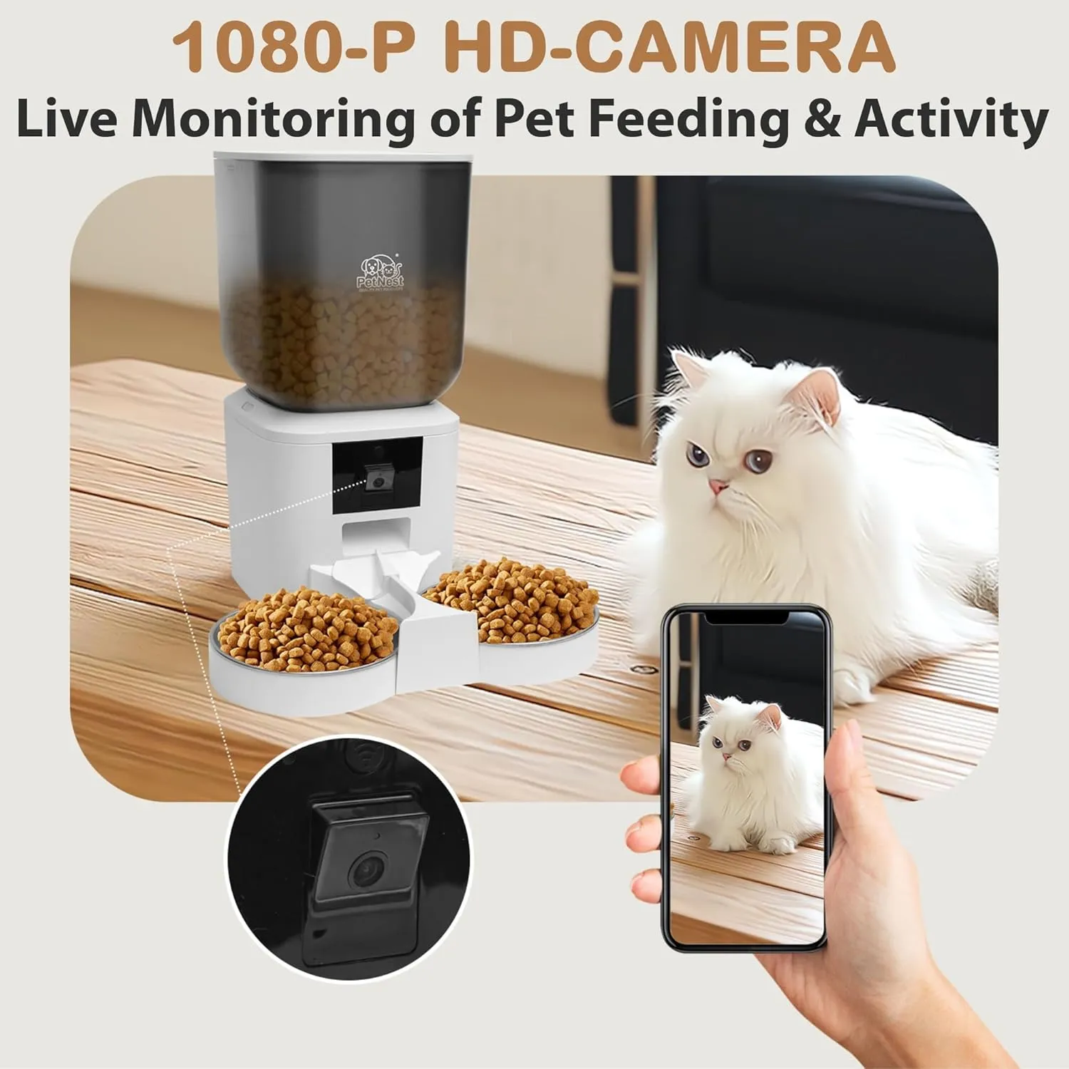 8L Automatic Dog and Cat Feeder with Camera  Dual Bowl Smart WiFi Pet Food Dispenser with Tuya App Control, Night Vision, Voice Control, Timed Meals, BPA-Free | Large Capacity Automatic Dog Feeders