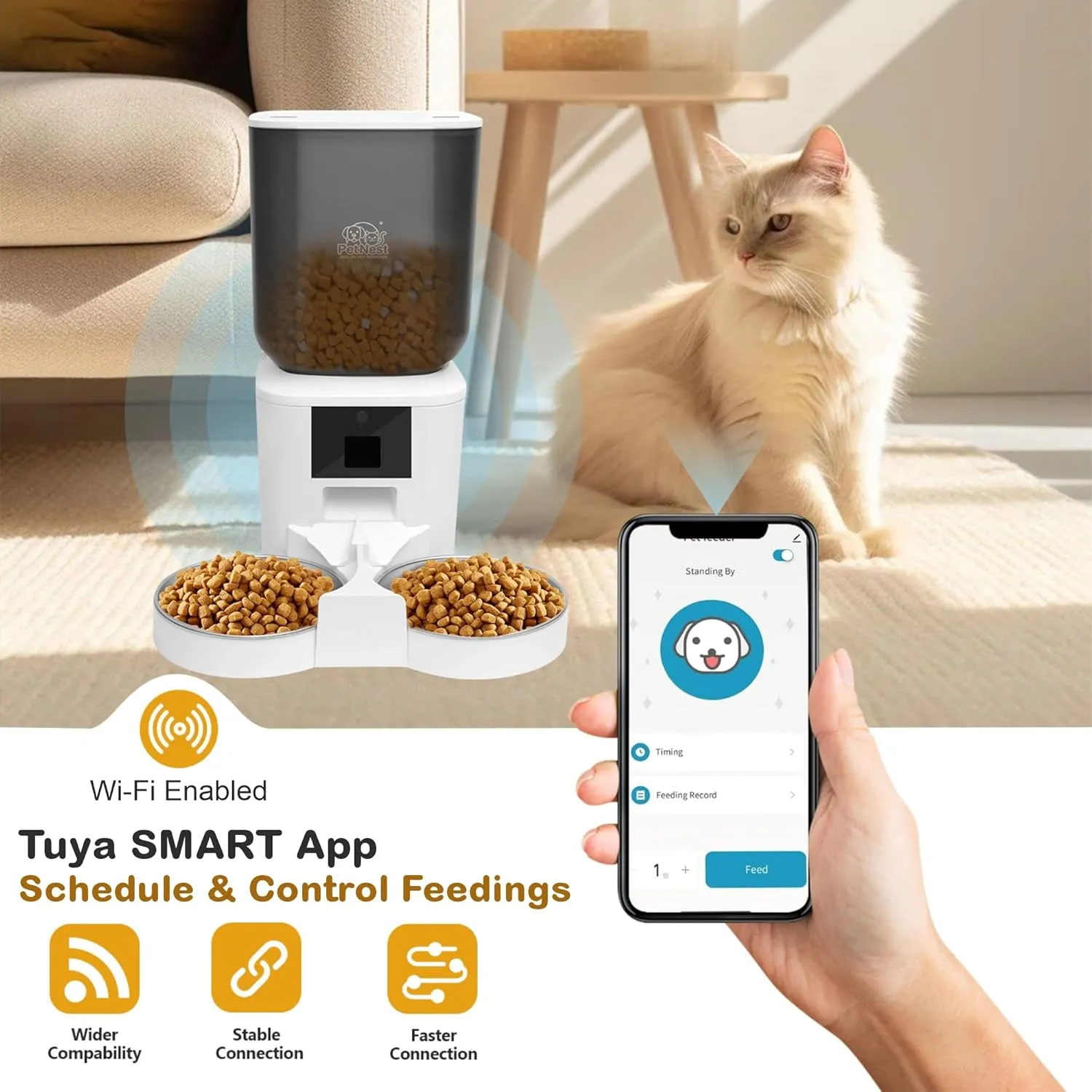 8L Automatic Dog and Cat Feeder with Camera  Dual Bowl Smart WiFi Pet Food Dispenser with Tuya App Control, Night Vision, Voice Control, Timed Meals, BPA-Free | Large Capacity Automatic Dog Feeders