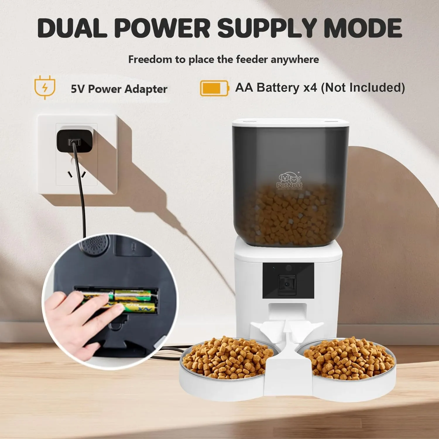 8L Automatic Dog and Cat Feeder with Camera  Dual Bowl Smart WiFi Pet Food Dispenser with Tuya App Control, Night Vision, Voice Control, Timed Meals, BPA-Free | Large Capacity Automatic Dog Feeders
