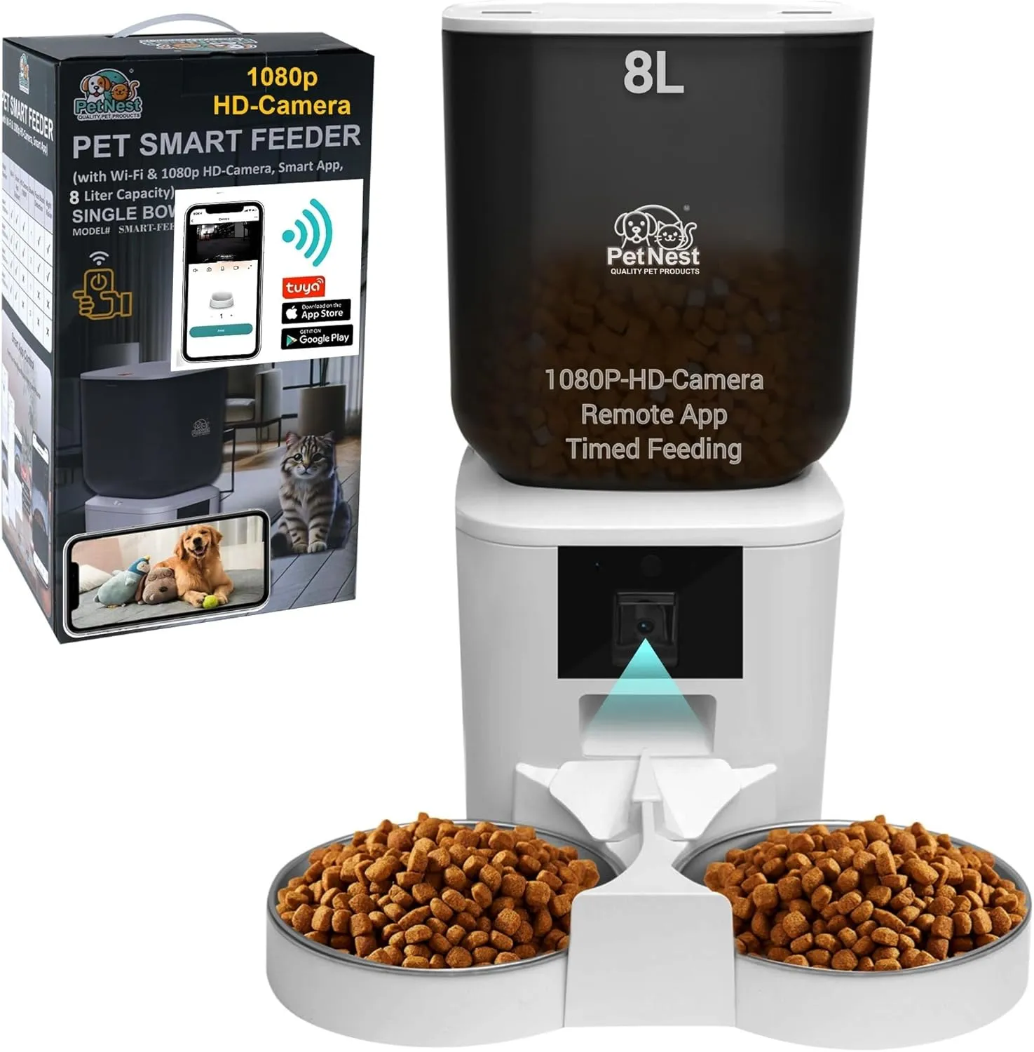 8L Automatic Dog and Cat Feeder with Camera  Dual Bowl Smart WiFi Pet Food Dispenser with Tuya App Control, Night Vision, Voice Control, Timed Meals, BPA-Free | Large Capacity Automatic Dog Feeders