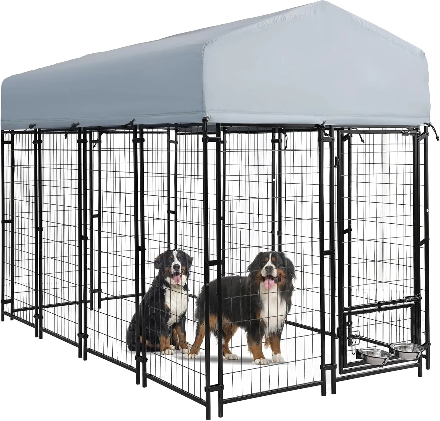 8x4x6 FT Outside Large Dog Kennel with roof - Outdoor Heavy Duty Welded Wire Steel Dog Playpen with Rotating Bowls, Dog Run Enclosure Crate Cage with Lockable Doors for Chicken, Rabbit