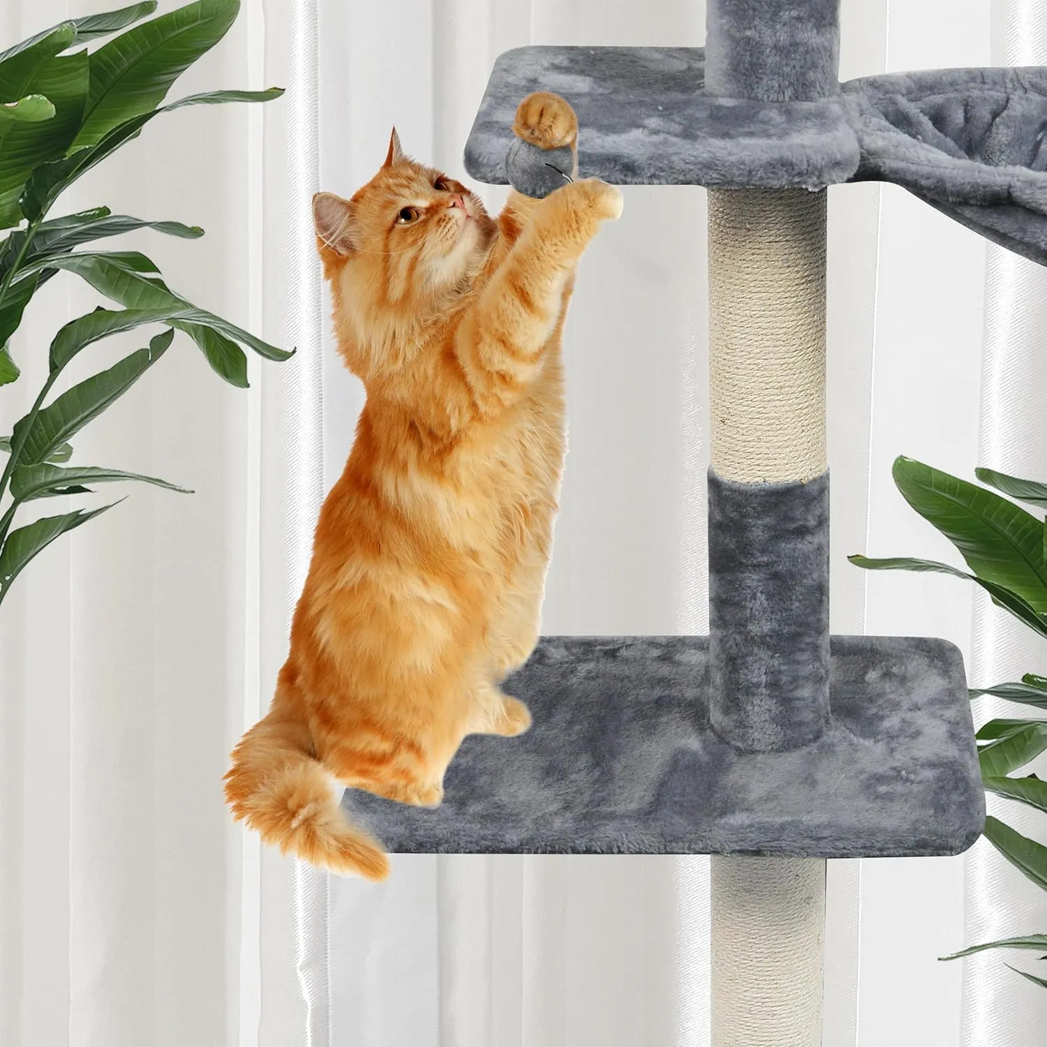 Adjustable 93"-116" Tall Cat Climbing Tree 5-Tier Kitty Activity Center Floor-to-Ceiling Climber Toy with Hanging Hammock and Scratching Posts Cat Furniture,Grey
