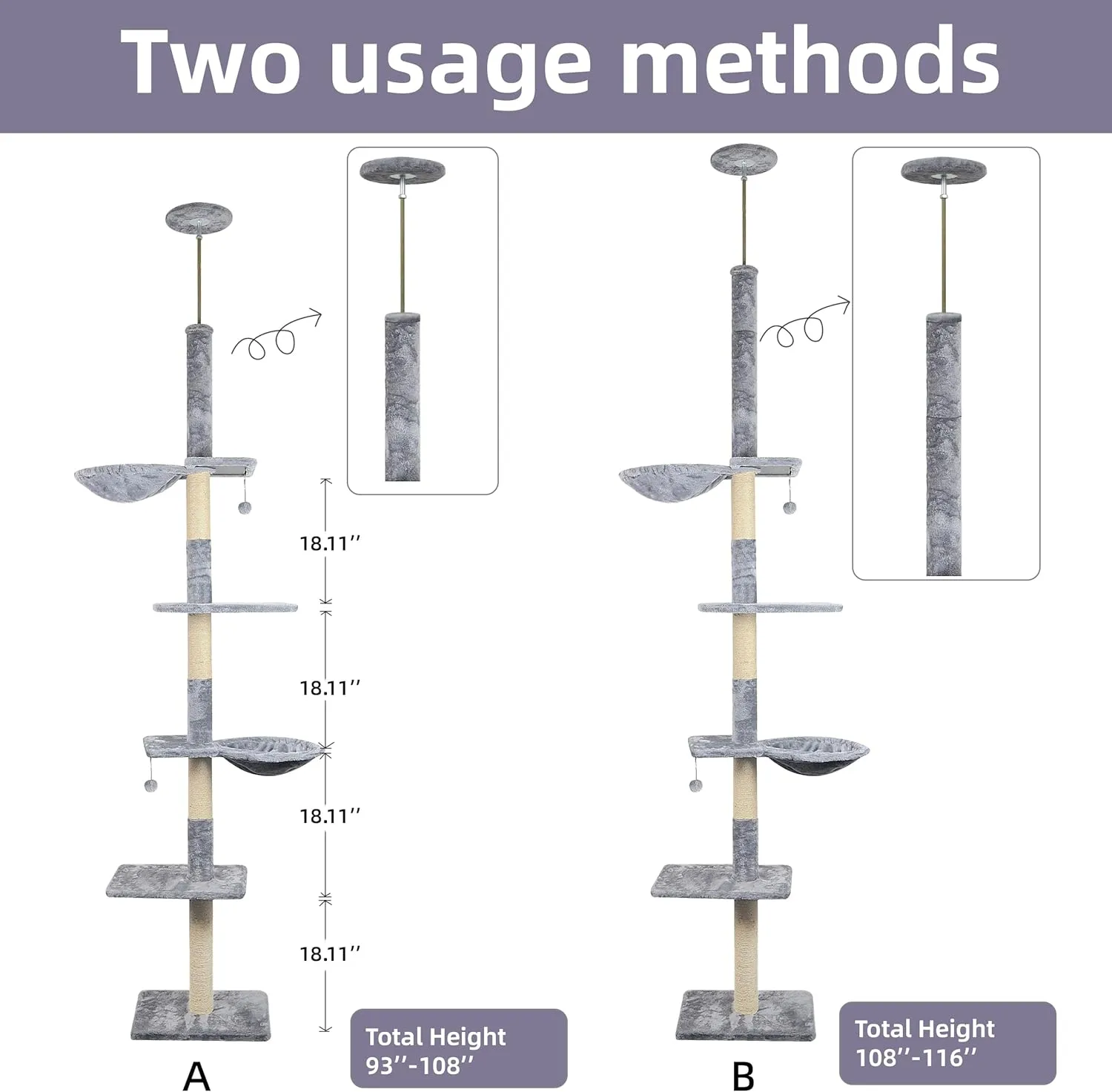 Adjustable 93"-116" Tall Cat Climbing Tree 5-Tier Kitty Activity Center Floor-to-Ceiling Climber Toy with Hanging Hammock and Scratching Posts Cat Furniture,Grey