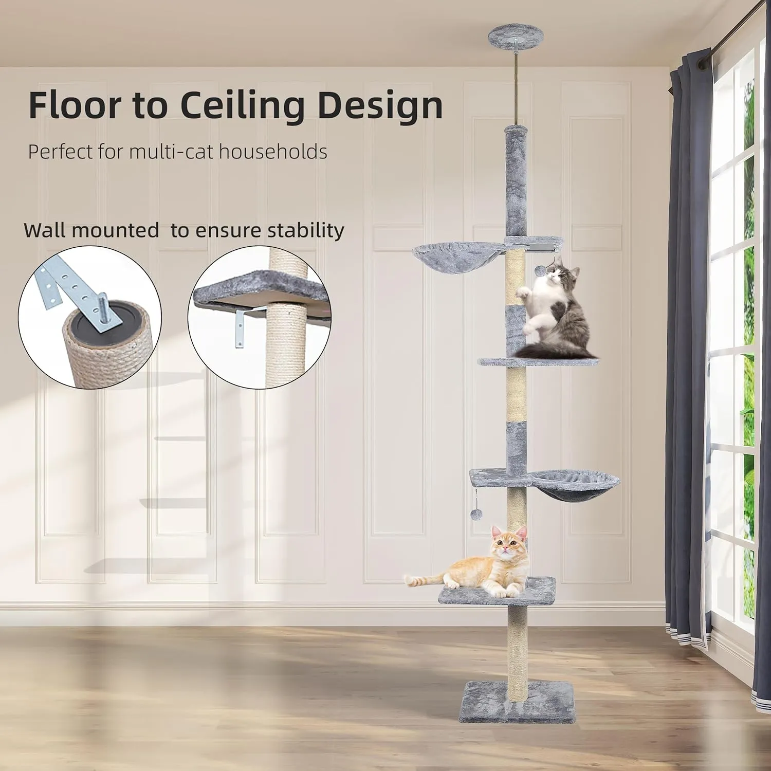 Adjustable 93"-116" Tall Cat Climbing Tree 5-Tier Kitty Activity Center Floor-to-Ceiling Climber Toy with Hanging Hammock and Scratching Posts Cat Furniture,Grey