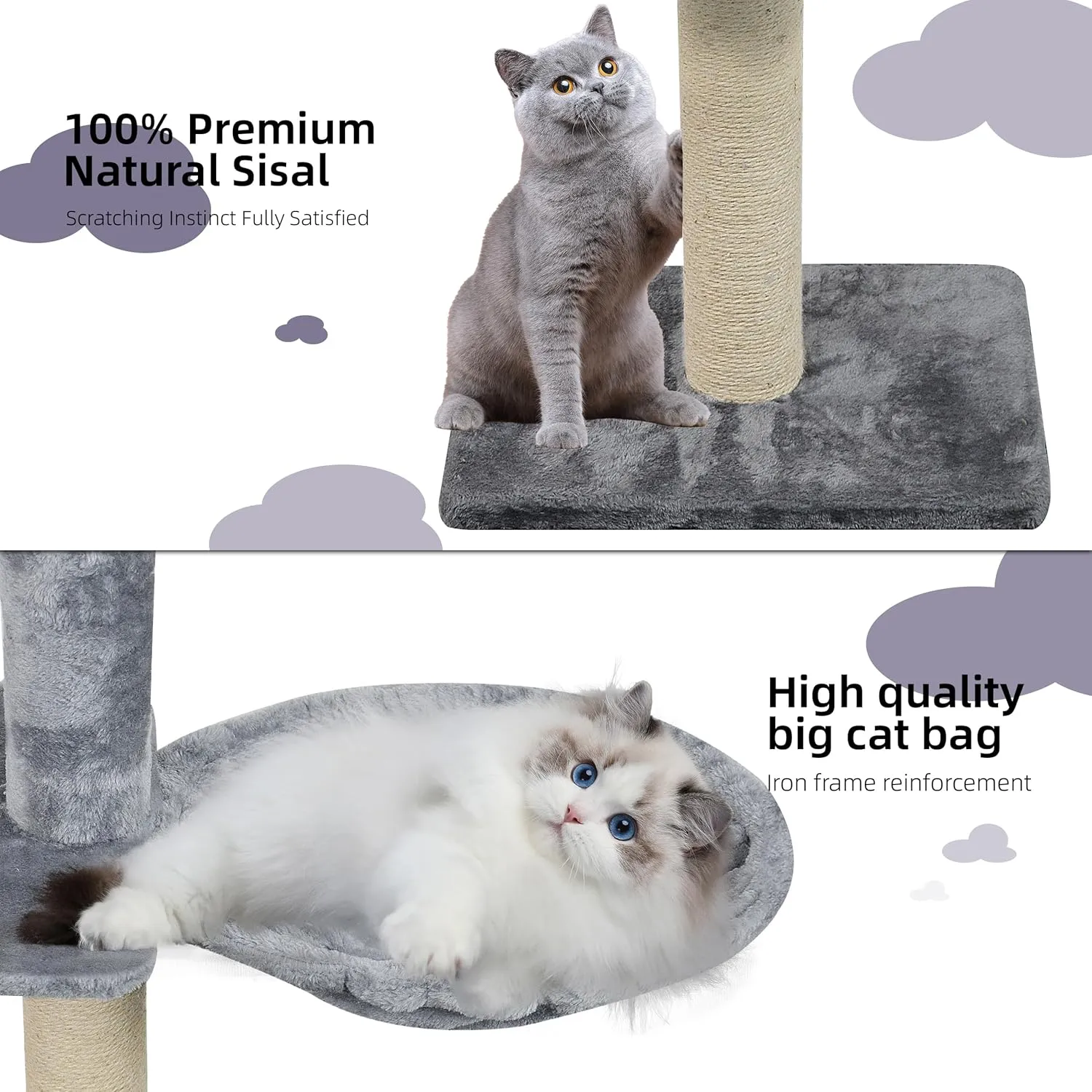 Adjustable 93"-116" Tall Cat Climbing Tree 5-Tier Kitty Activity Center Floor-to-Ceiling Climber Toy with Hanging Hammock and Scratching Posts Cat Furniture,Grey