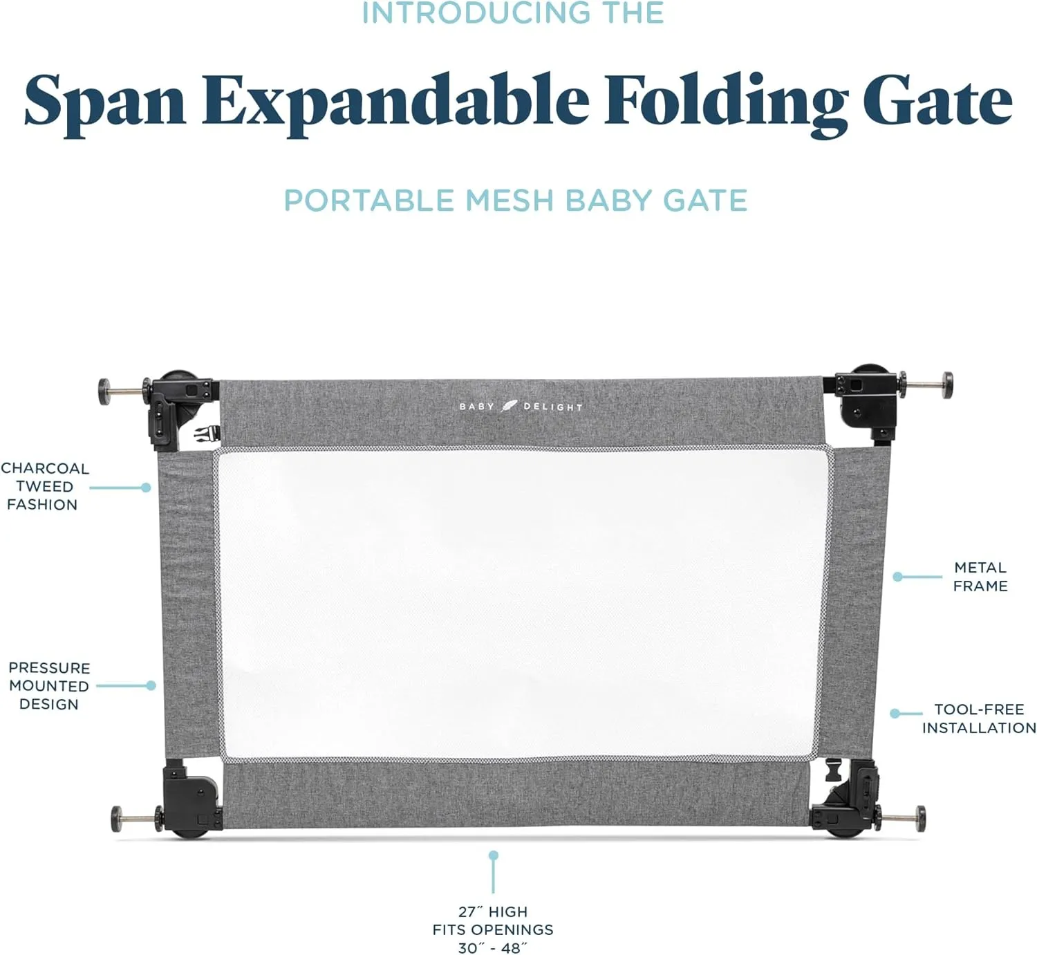 Baby Delight Go with Me Portable Mesh Baby Gate | Span 30-48" Expandable Folding Gate | Pressure Mounted | Charcoal Tweed