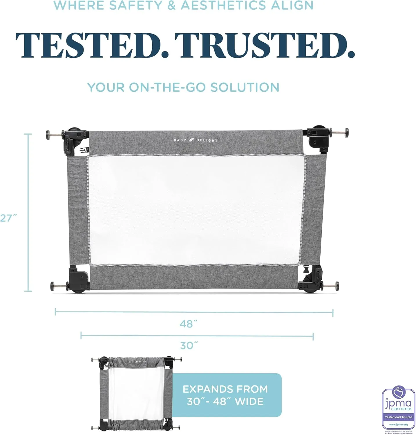 Baby Delight Go with Me Portable Mesh Baby Gate | Span 30-48" Expandable Folding Gate | Pressure Mounted | Charcoal Tweed