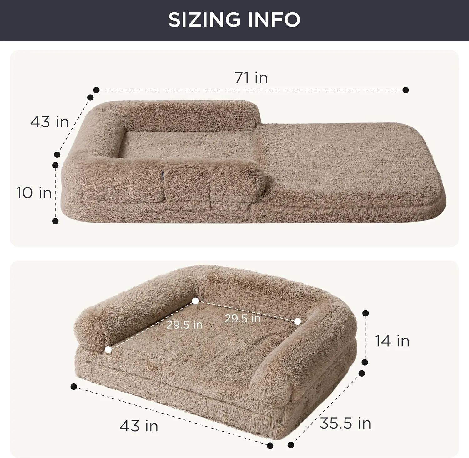 Bedsure Foldable Human Size Giant Dog Bed for Adults, 2 in 1 Calming Pet Bed with Egg Foam Supportive Mat and Waterproof Liner, Faux Fur Orthopedic Sofa, Camel
