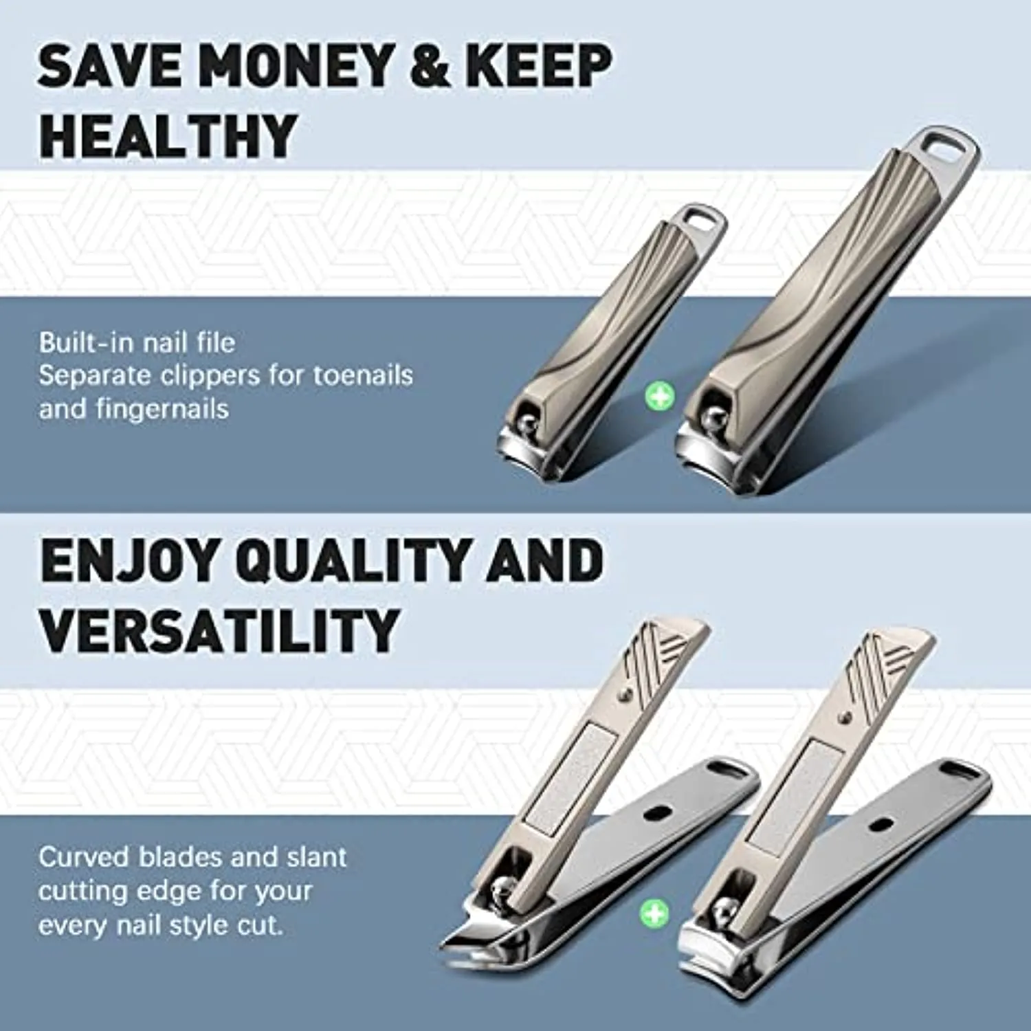 BEZOX Nail Clipper Set with Built in Nail File – 3 Piece Set of 2 Curved Blades and 1 Slant Cutting Edge Toe Nail Cutter Nails Trimmer for People