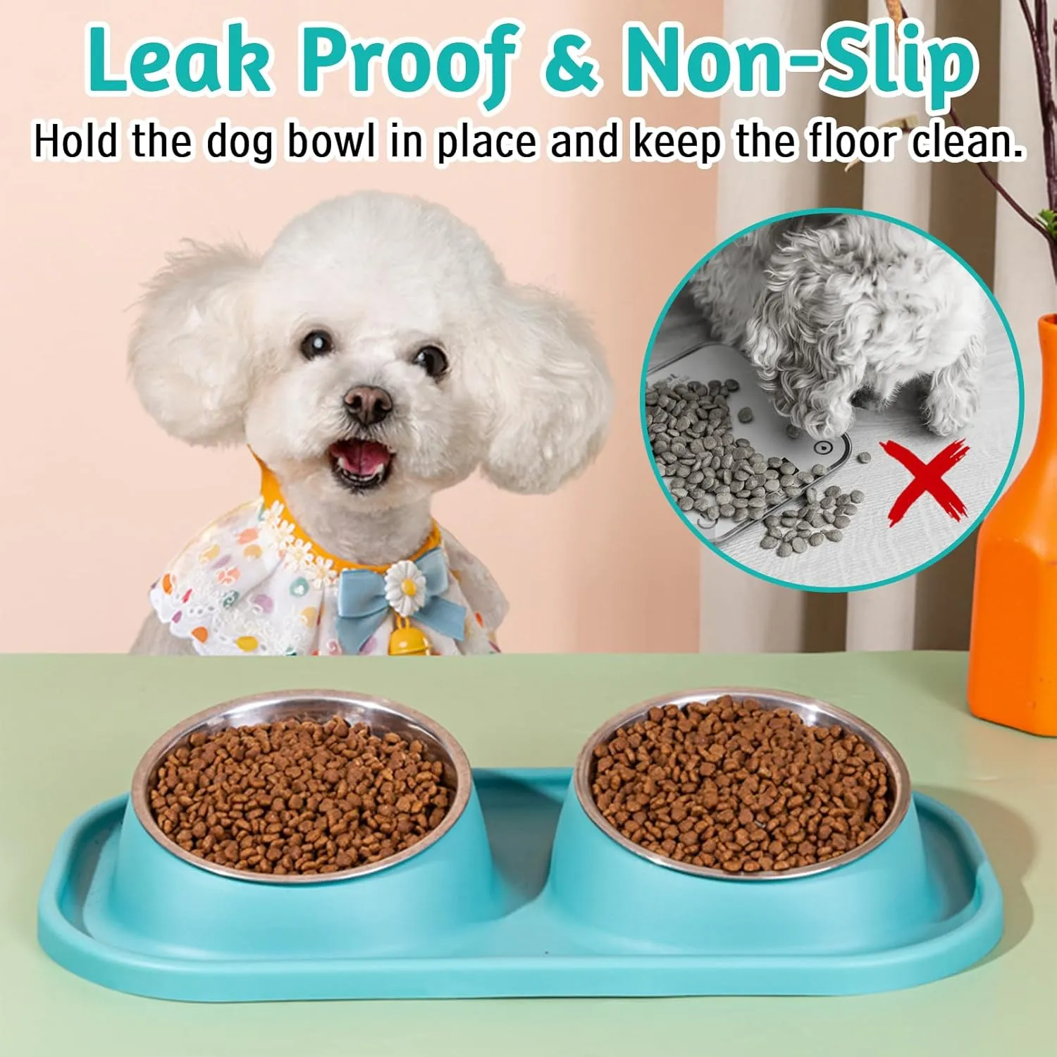 BNOSDM 2 Pcs Double Dog Bowls Set Tilted Raised Stainless Steel Puppy Food and Water Dishes with Non-Spill Plastic Mat, Pet Feeding Bowl for Small Dog Cat (Green)