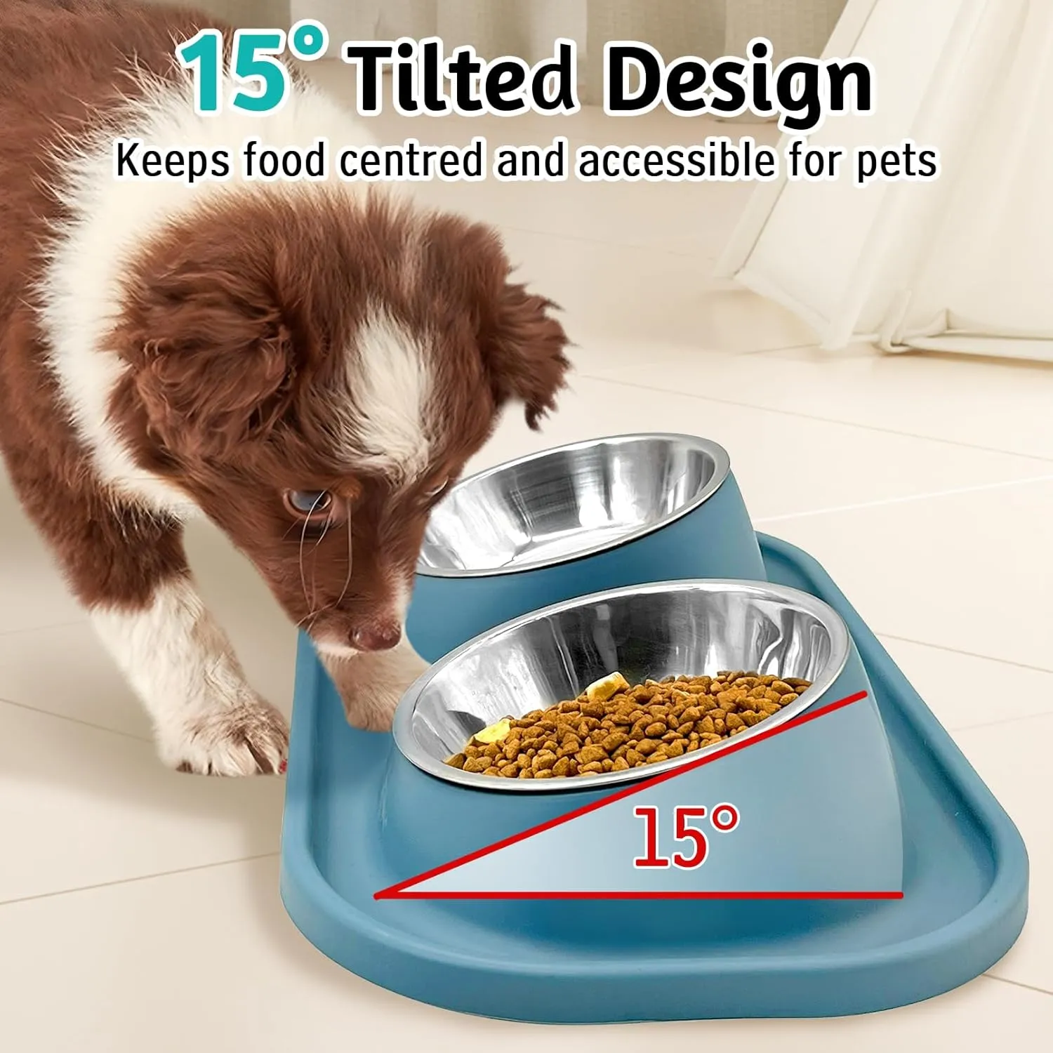 BNOSDM 2 Pcs Double Dog Bowls Set Tilted Raised Stainless Steel Puppy Food and Water Dishes with Non-Spill Plastic Mat, Pet Feeding Bowl for Small Dog Cat (Green)