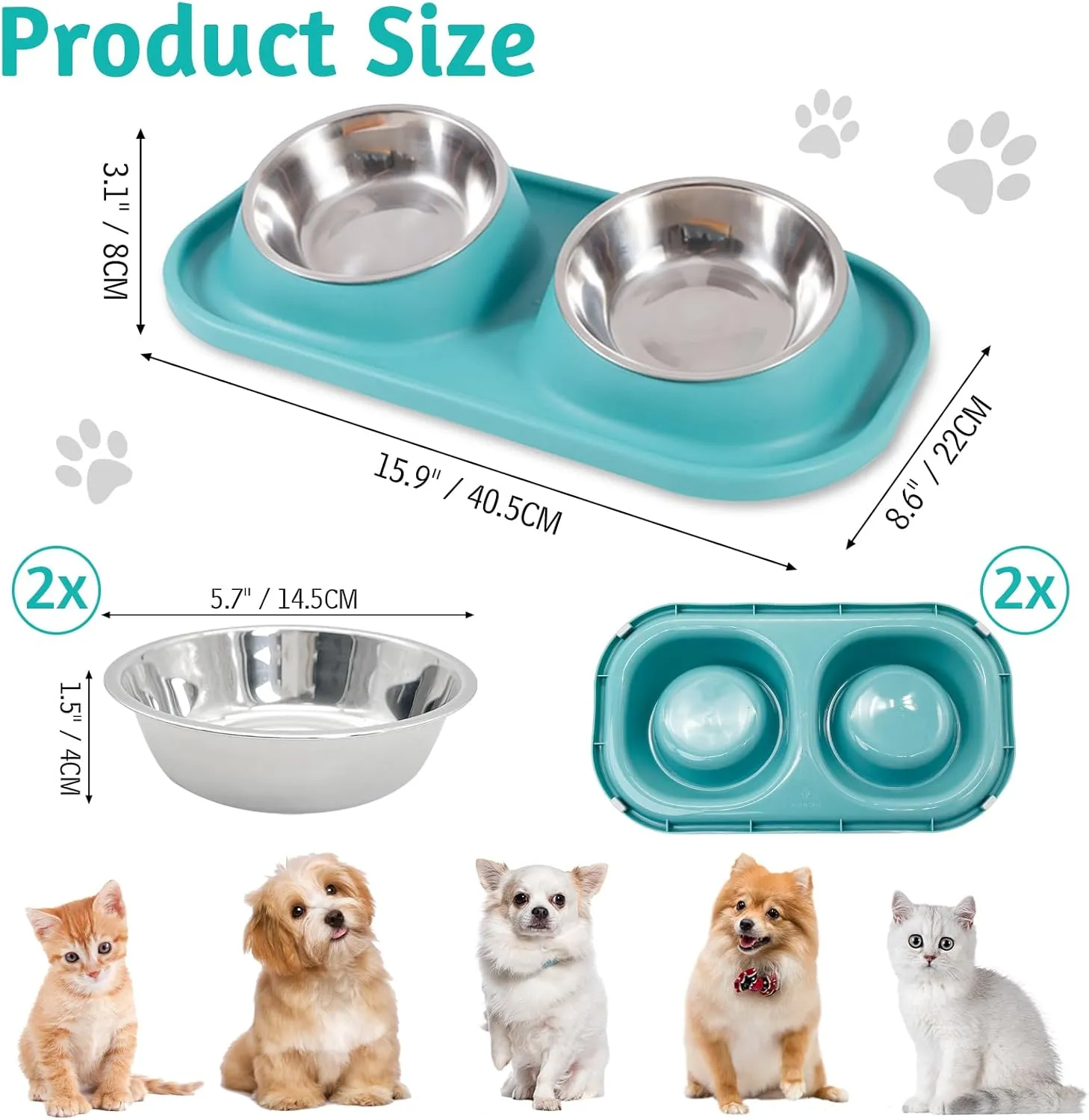 BNOSDM 2 Pcs Double Dog Bowls Set Tilted Raised Stainless Steel Puppy Food and Water Dishes with Non-Spill Plastic Mat, Pet Feeding Bowl for Small Dog Cat (Green)