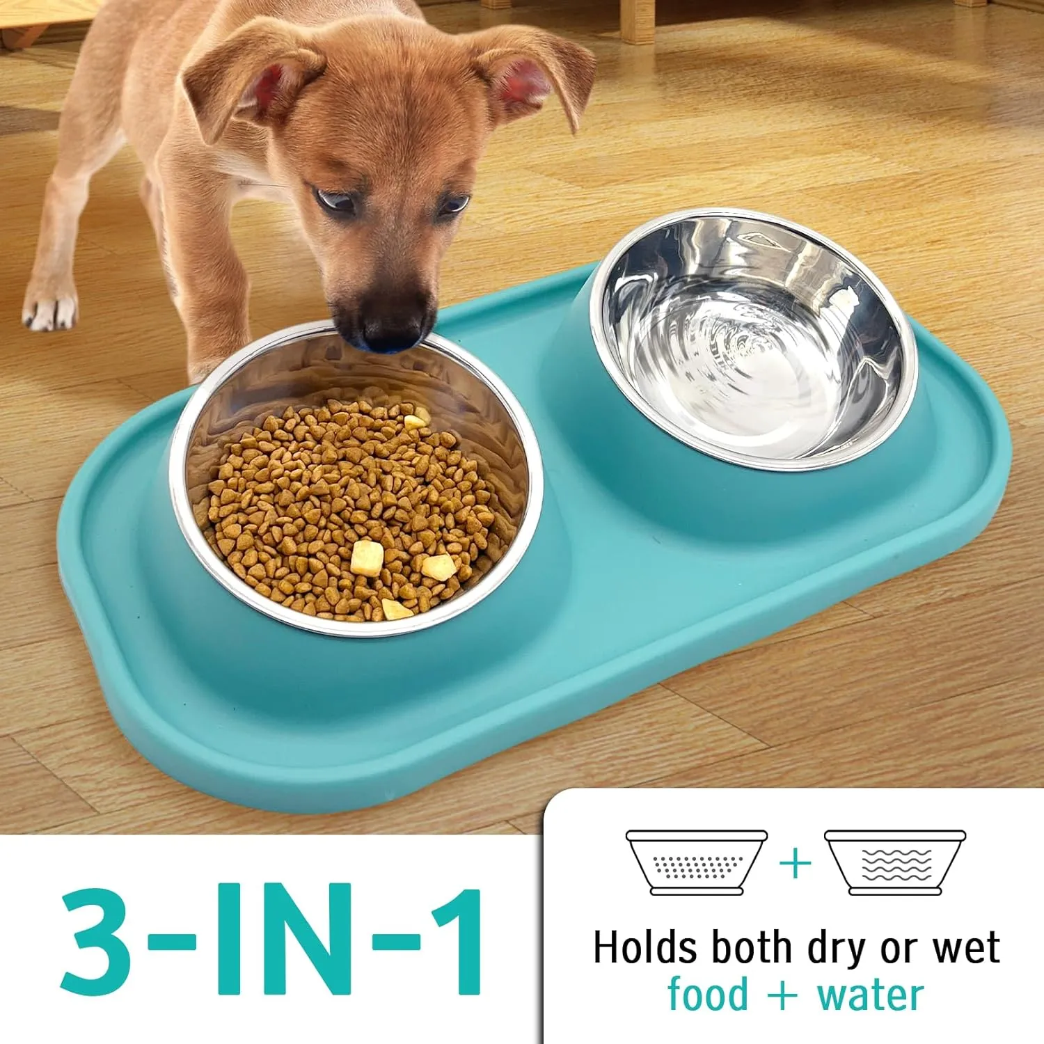 BNOSDM 2 Pcs Double Dog Bowls Set Tilted Raised Stainless Steel Puppy Food and Water Dishes with Non-Spill Plastic Mat, Pet Feeding Bowl for Small Dog Cat (Green)
