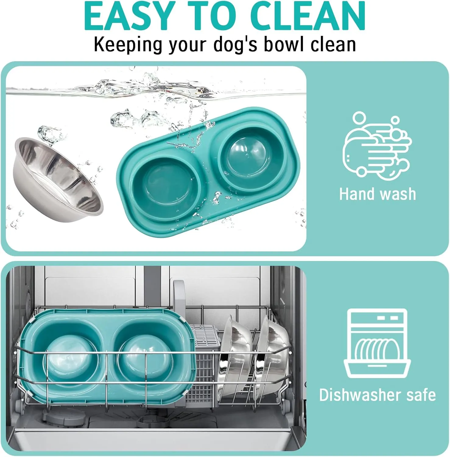 BNOSDM 2 Pcs Double Dog Bowls Set Tilted Raised Stainless Steel Puppy Food and Water Dishes with Non-Spill Plastic Mat, Pet Feeding Bowl for Small Dog Cat (Green)