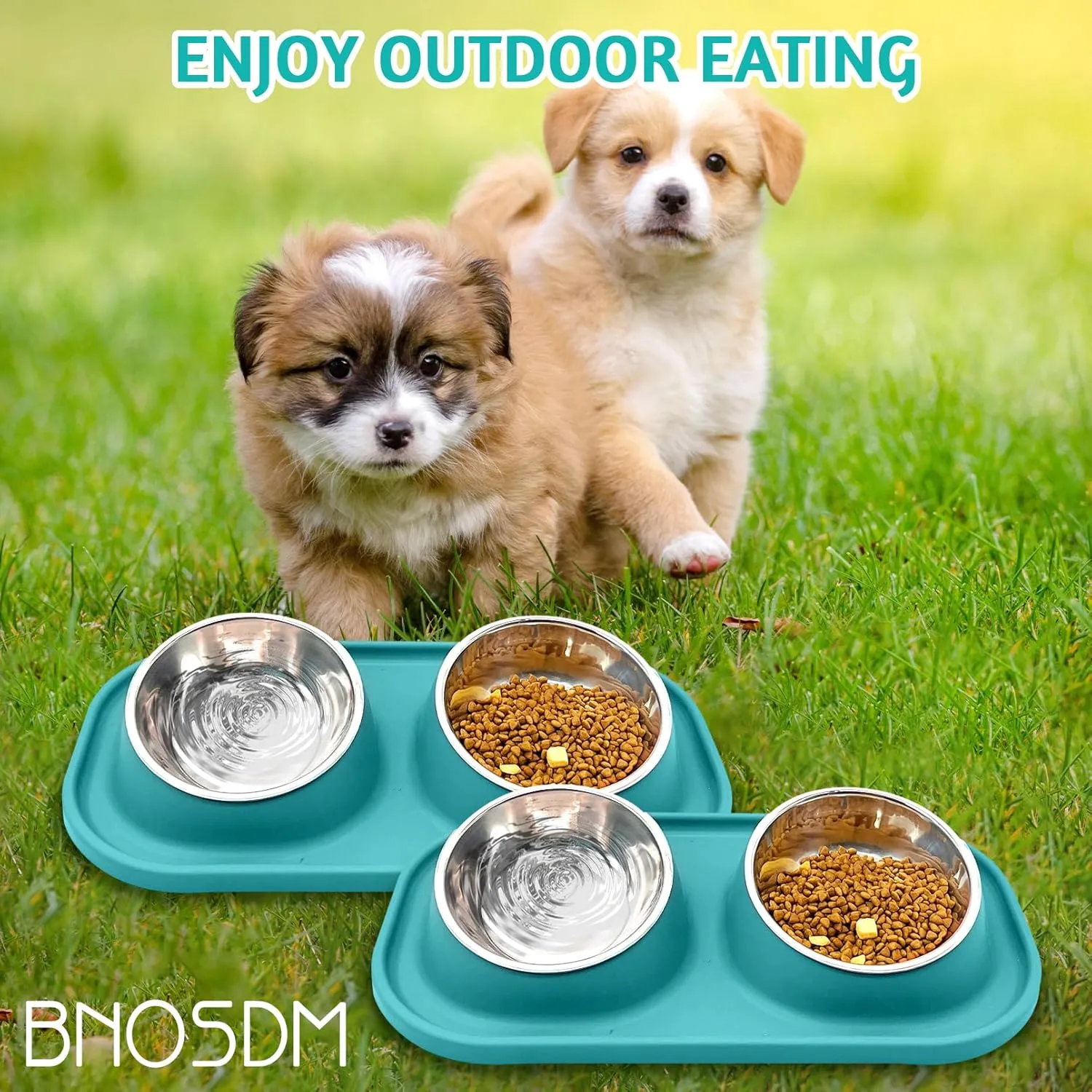 BNOSDM 2 Pcs Double Dog Bowls Set Tilted Raised Stainless Steel Puppy Food and Water Dishes with Non-Spill Plastic Mat, Pet Feeding Bowl for Small Dog Cat (Green)