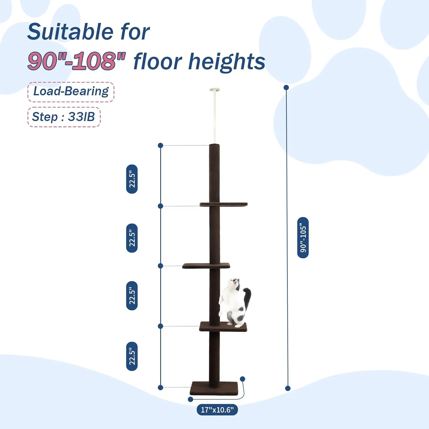 Cat Craft Cat Tree Floor to Ceiling 95-108" Tall Cat Tree Carpet Cat Tower Kitten Tree Sisal Scratching Post and Mat Cat Pole for Indoor Cats, Dark Brown, Style A