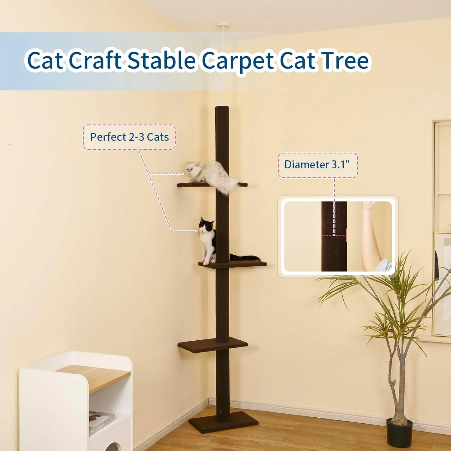 Cat Craft Cat Tree Floor to Ceiling 95-108" Tall Cat Tree Carpet Cat Tower Kitten Tree Sisal Scratching Post and Mat Cat Pole for Indoor Cats, Dark Brown, Style A