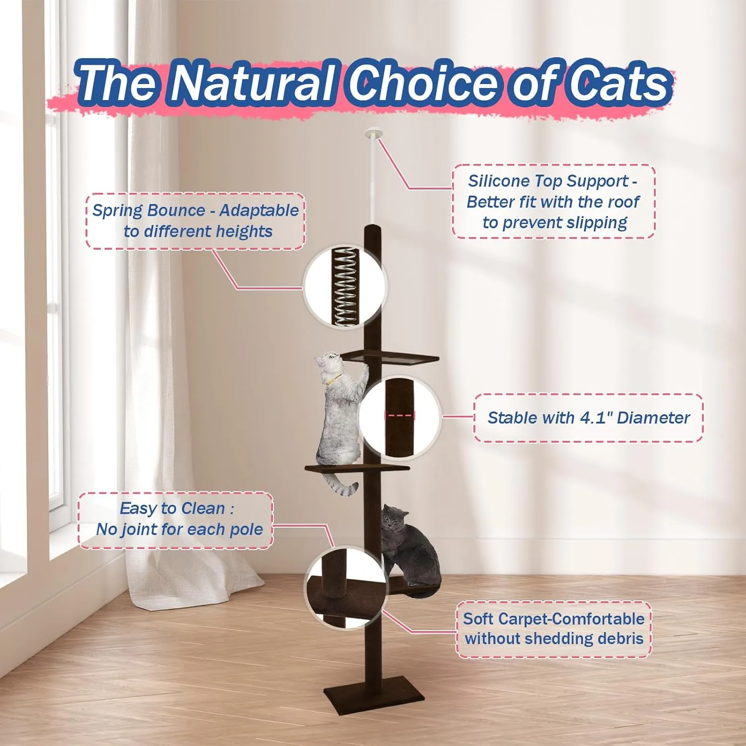 Cat Craft Cat Tree Floor to Ceiling 95-108" Tall Cat Tree Carpet Cat Tower Kitten Tree Sisal Scratching Post and Mat Cat Pole for Indoor Cats, Dark Brown, Style A