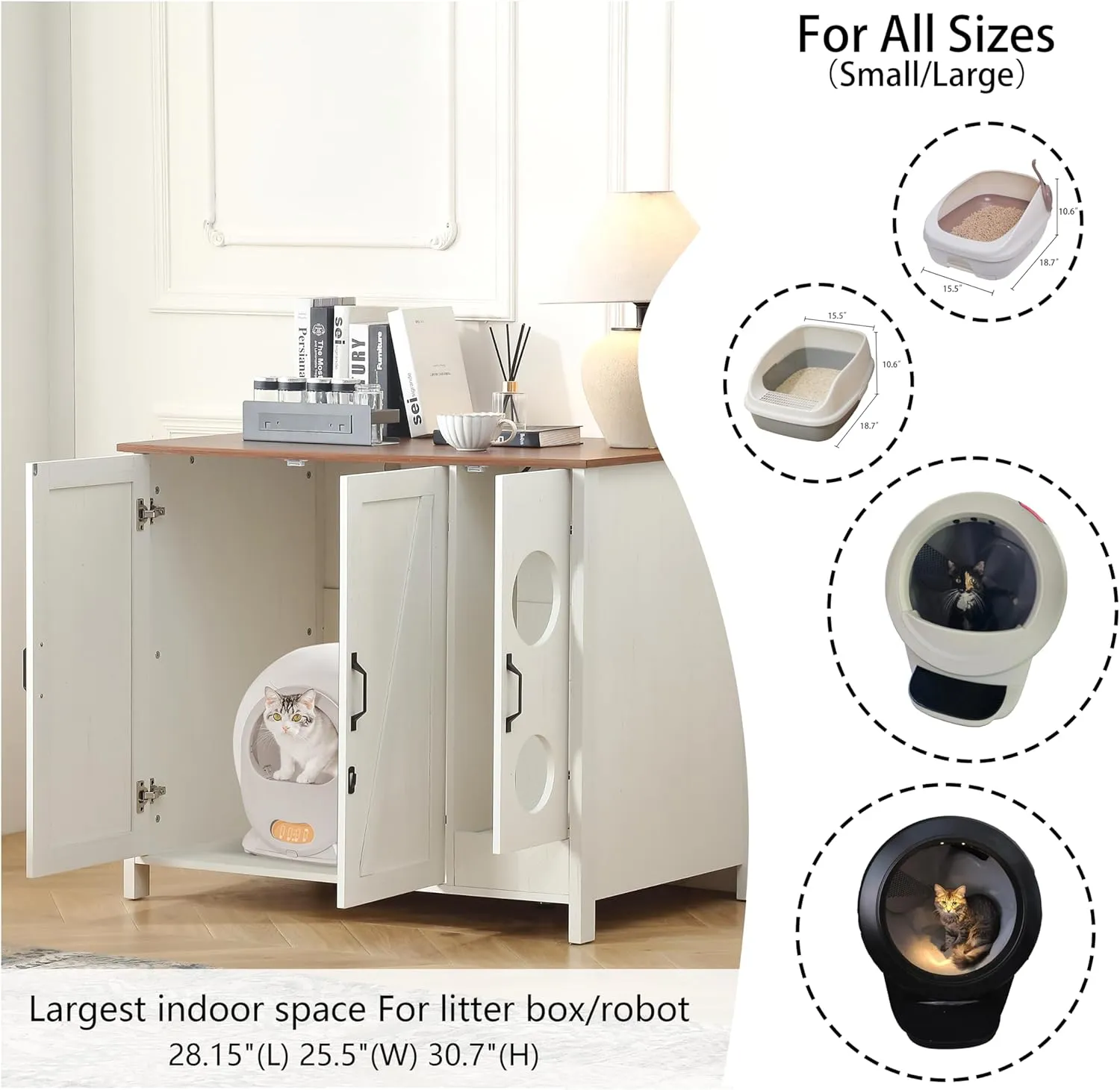 Cat Litter Robot Enclosure, Automatic Litter Box Enclosure for Litter Robot 3/4,Cat-Exclusive entrace for Dog Proof and Fun,Power Outlet for Litter Robot Cabinet,Litter Collector,Antique White