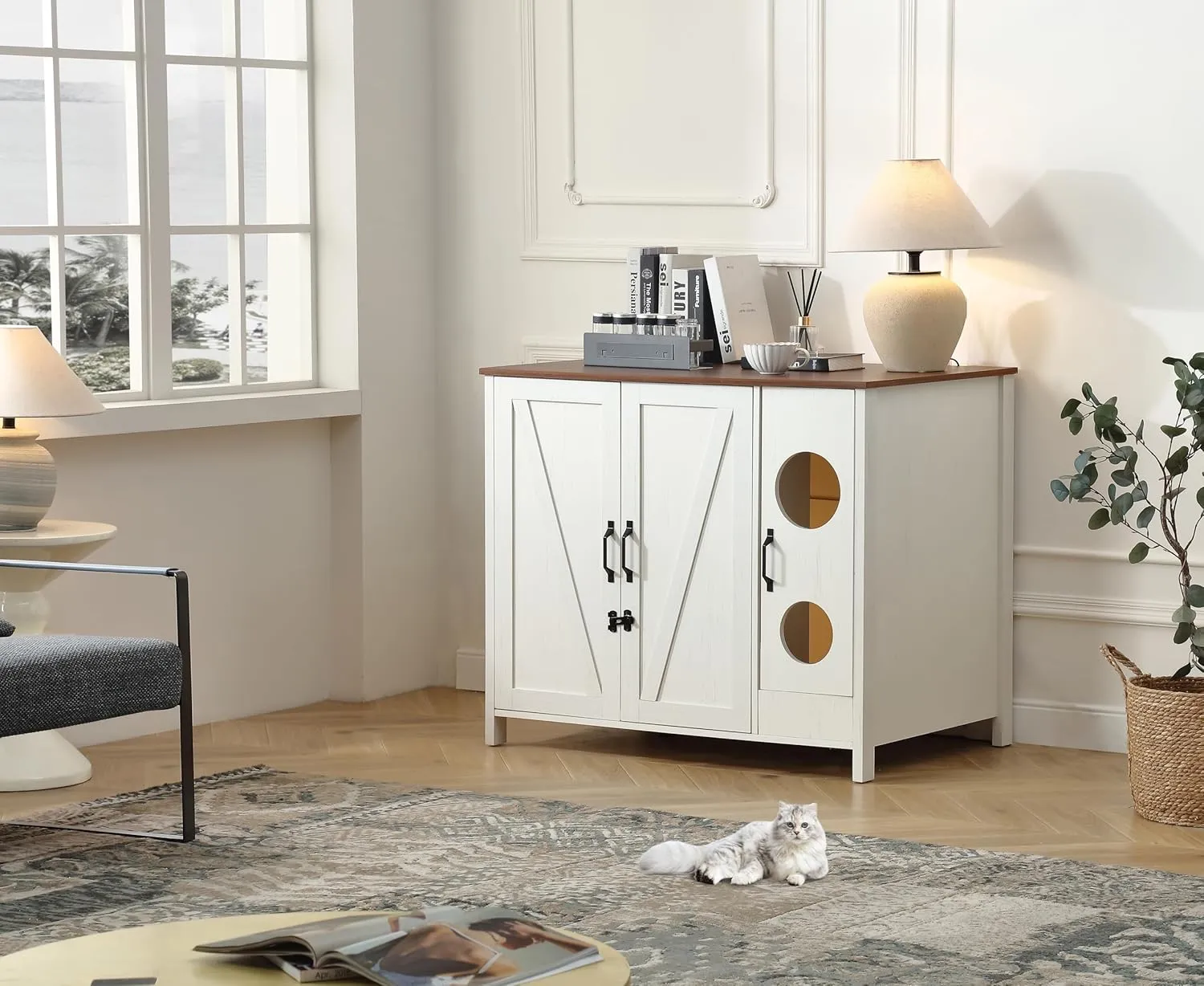 Cat Litter Robot Enclosure, Automatic Litter Box Enclosure for Litter Robot 3/4,Cat-Exclusive entrace for Dog Proof and Fun,Power Outlet for Litter Robot Cabinet,Litter Collector,Antique White