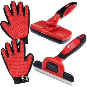 Complete Professional Pet Grooming Kit Self Cleaning Slicker Brush for Dogs & Cats - Pro Grooming Brushes Effectively Reduces Shedding Fur Hair Remover Brush Gloves - Combo Gift Set