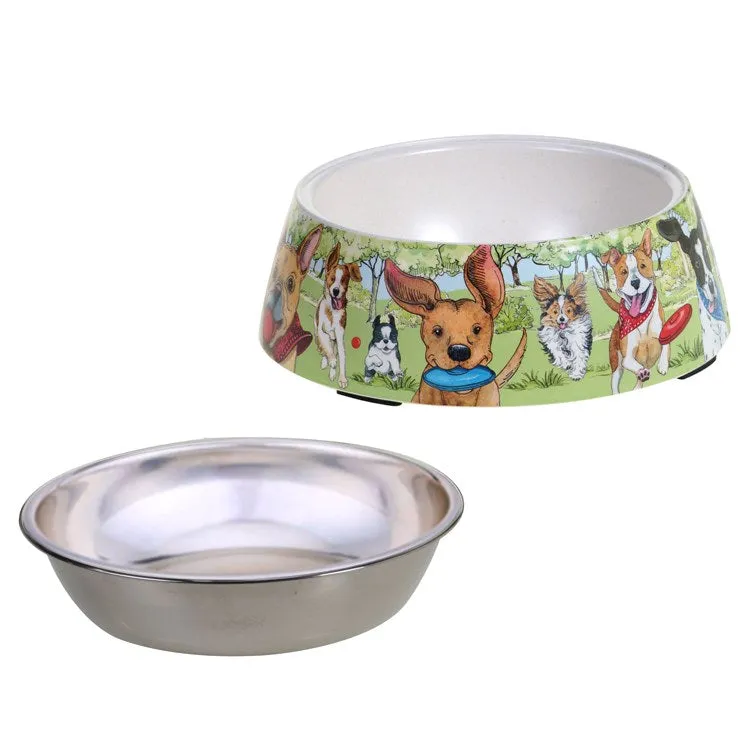 Dog Park Bamboo Fiber Pet Bowls with Stainless Steel Insert Set of 2
