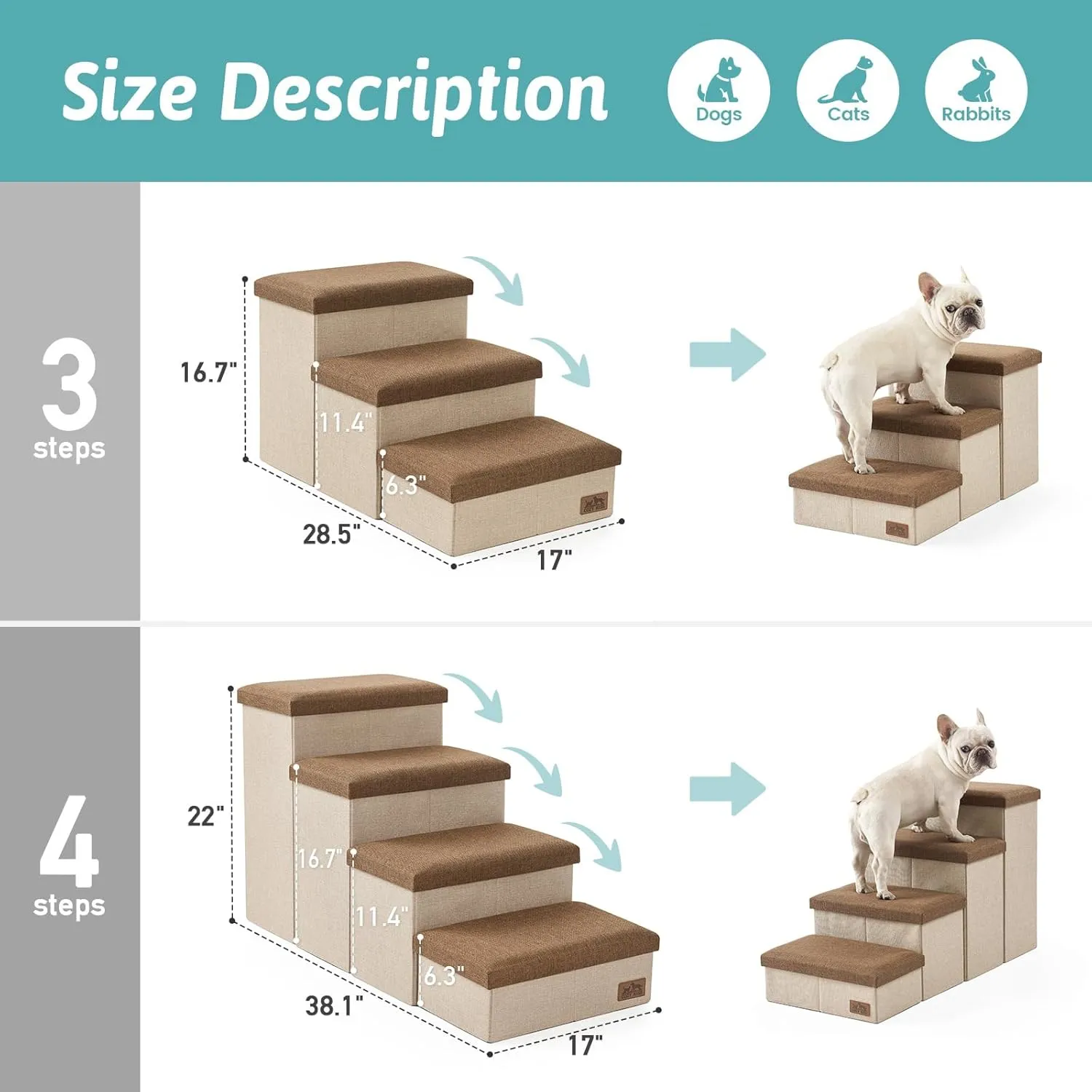 Dog Stairs with Storage, 3-Step Wider Sturdy Dog Steps for Small/Medium/Large Dogs and Older Cats, Folding Doggie Ramp for Bed/Couch/Car Hold Up to 180 lbs (16.7" H, Brown)