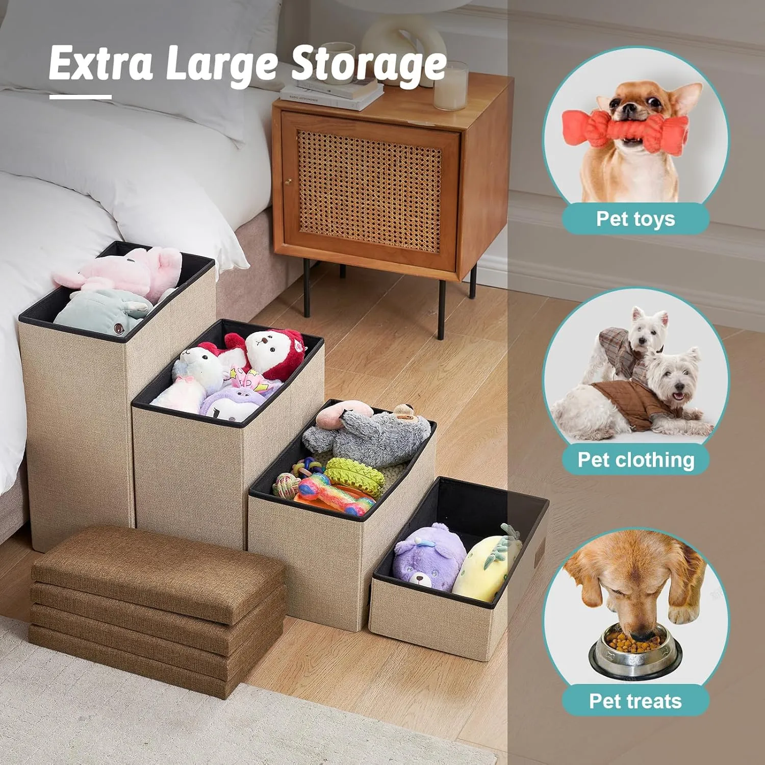 Dog Stairs with Storage, 3-Step Wider Sturdy Dog Steps for Small/Medium/Large Dogs and Older Cats, Folding Doggie Ramp for Bed/Couch/Car Hold Up to 180 lbs (16.7" H, Brown)