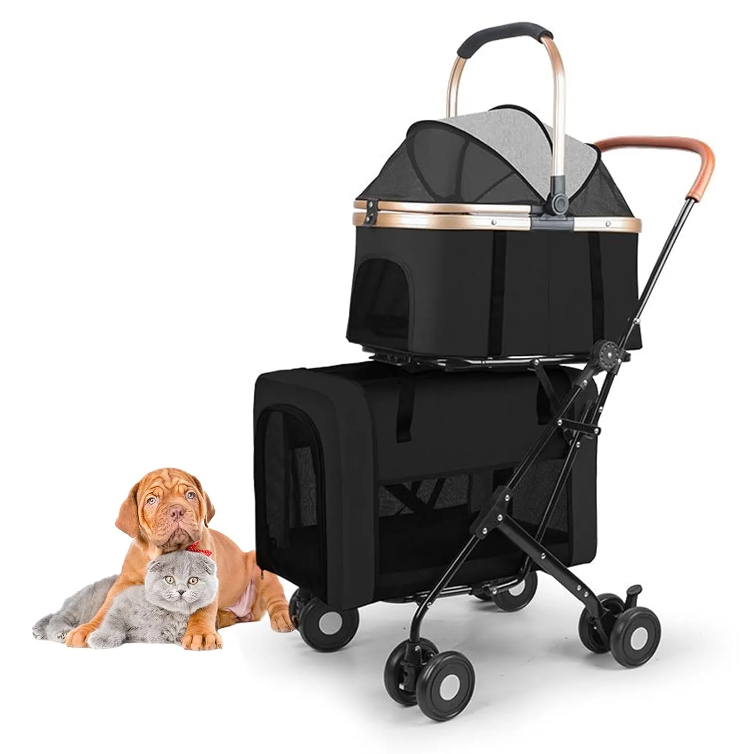 Double Pet Stroller for 2 Dogs or Cats - with 2 Detachable Carrier Cages, Portable Double Dog Strollers with 4 Lockable Wheels for Small Medium Dogs, Travel Cart,Foldable, Sturdy (Black)