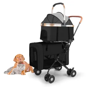 Double Pet Stroller for 2 Dogs or Cats - with 2 Detachable Carrier Cages, Portable Double Dog Strollers with 4 Lockable Wheels for Small Medium Dogs, Travel Cart,Foldable, Sturdy (Black)