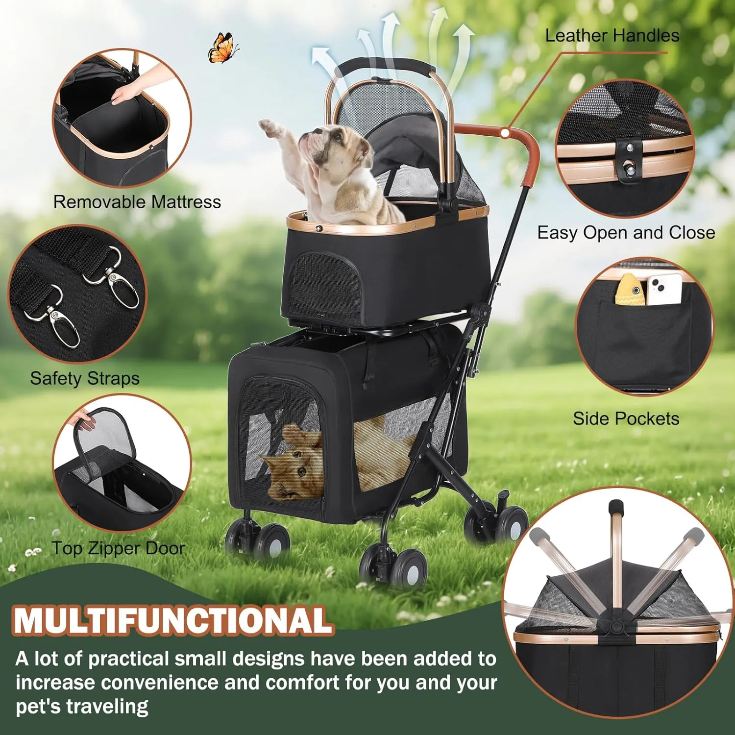 Double Pet Stroller for 2 Dogs or Cats - with 2 Detachable Carrier Cages, Portable Double Dog Strollers with 4 Lockable Wheels for Small Medium Dogs, Travel Cart,Foldable, Sturdy (Black)
