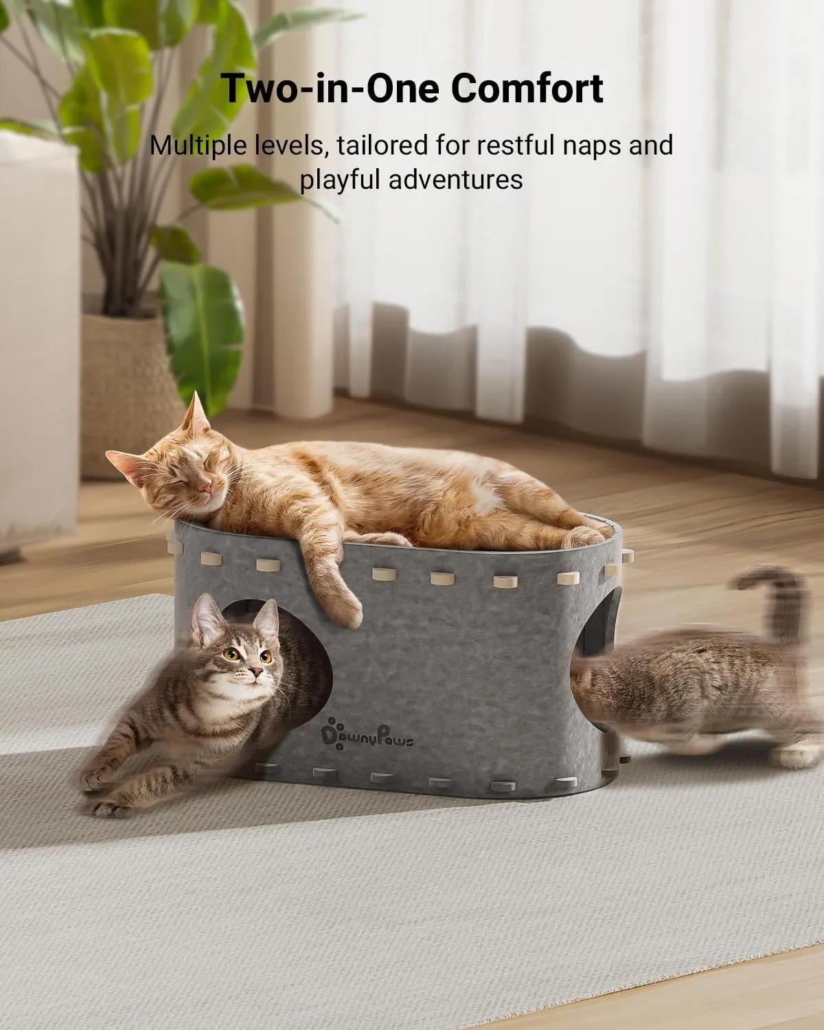 DownyPaws Cat House for Indoor Cats, Cat Bed Cave for Multiple & Large Cats Up to 22 Lbs, Scratch Resistant Peekaboo Cat Caves, Foldable Cat Tunnel Enclosed Bed, PeekaPurr, Cream, Light Gray
