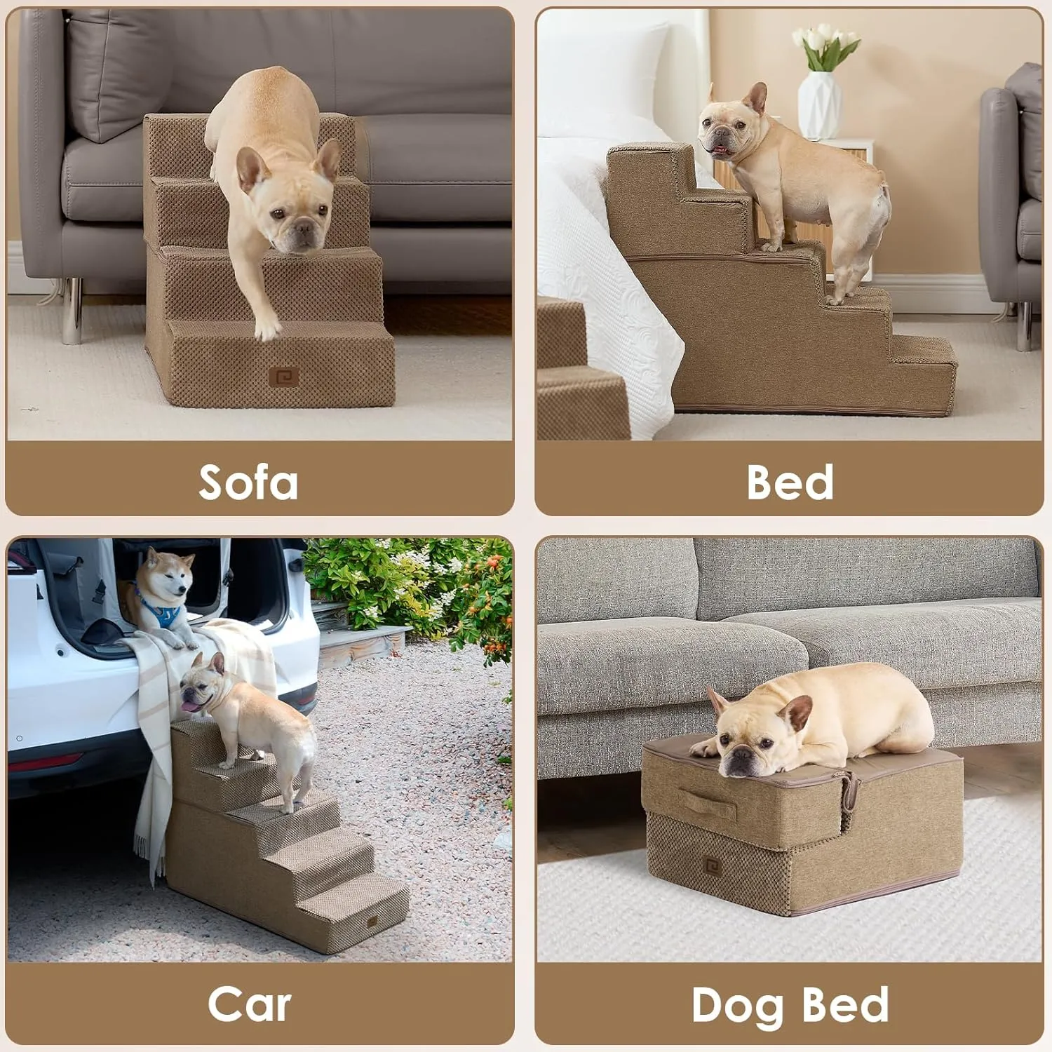 EHEYCIGA Dog Stairs for Bed 18" H, 4-Step Dog Steps for High Bed, Pet Steps for Small Dogs and Cats, Non-Slip Balanced Pet Ramp Indoor, Camel