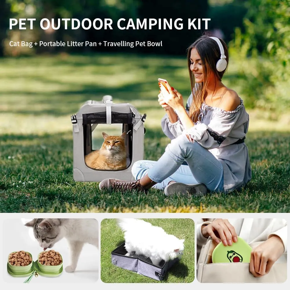 Extra Extra Large Cat Carrier Soft Sided, Portable Small Dog Carrier for 2 Cats, 24"x16.5"x16" Car Travel Folding Comfortable Design with Litter Box and Bowls, Grey  Litter Box  Bowls
