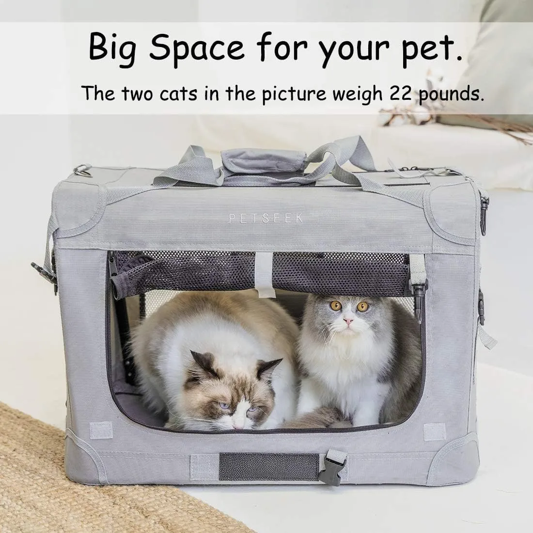 Extra Extra Large Cat Carrier Soft Sided, Portable Small Dog Carrier for 2 Cats, 24"x16.5"x16" Car Travel Folding Comfortable Design with Litter Box and Bowls, Grey  Litter Box  Bowls