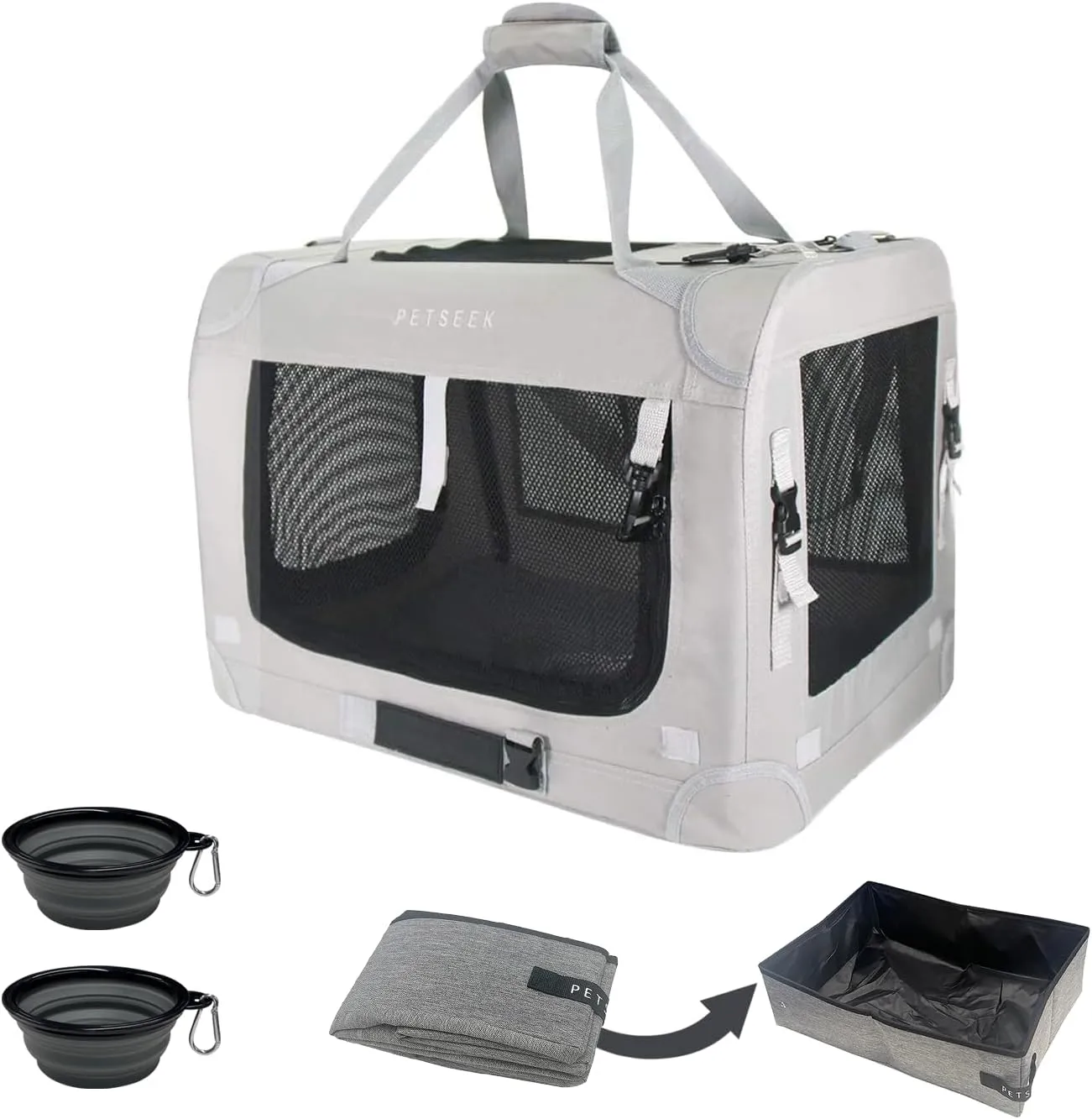 Extra Extra Large Cat Carrier Soft Sided, Portable Small Dog Carrier for 2 Cats, 24"x16.5"x16" Car Travel Folding Comfortable Design with Litter Box and Bowls, Grey  Litter Box  Bowls