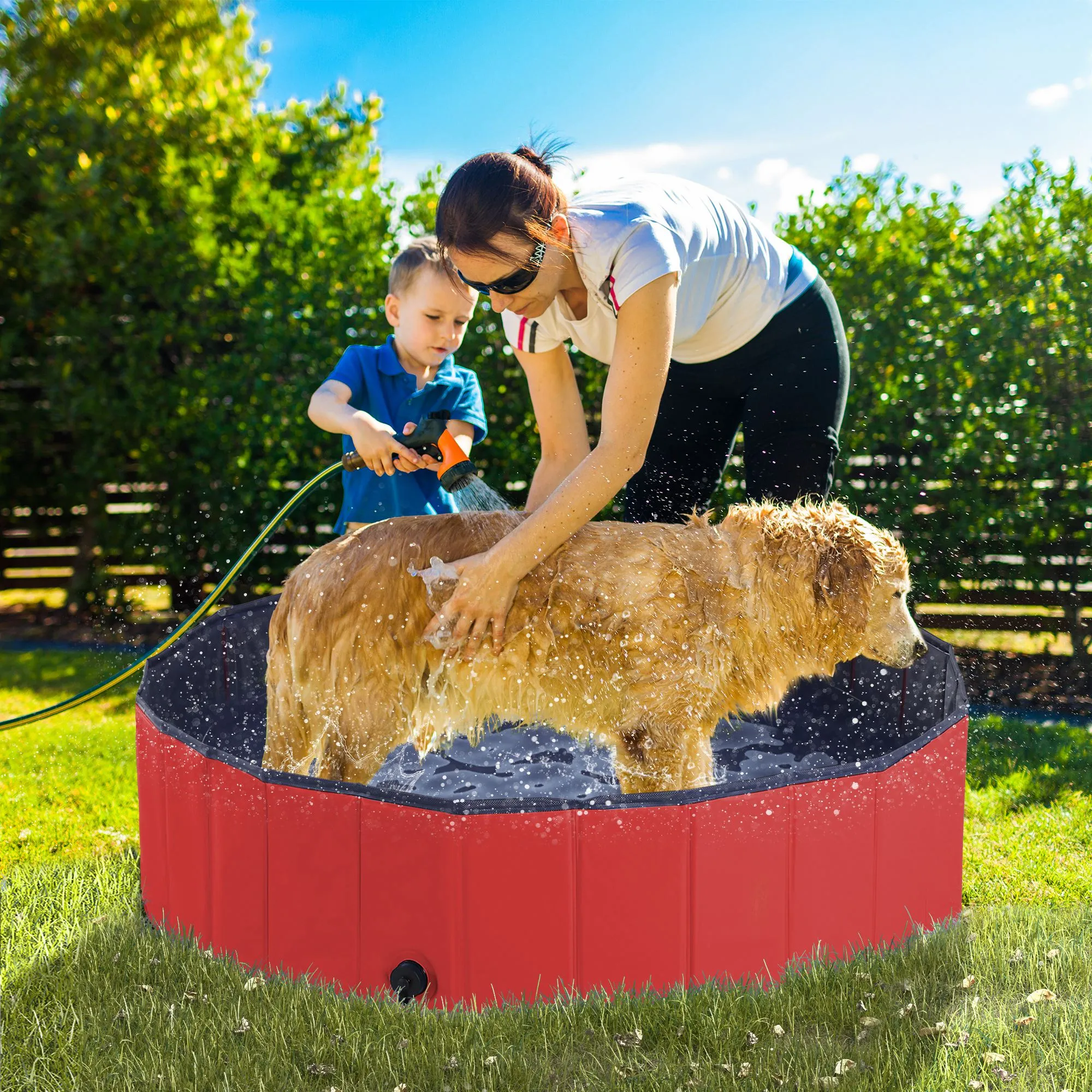 Foldable Dog Paddling Pool Pet Cat Swimming Pool Indoor/Outdoor Collapsible Summer Bathing Tub Shower Tub Puppy Washer (120 × 30H cm, Red)
