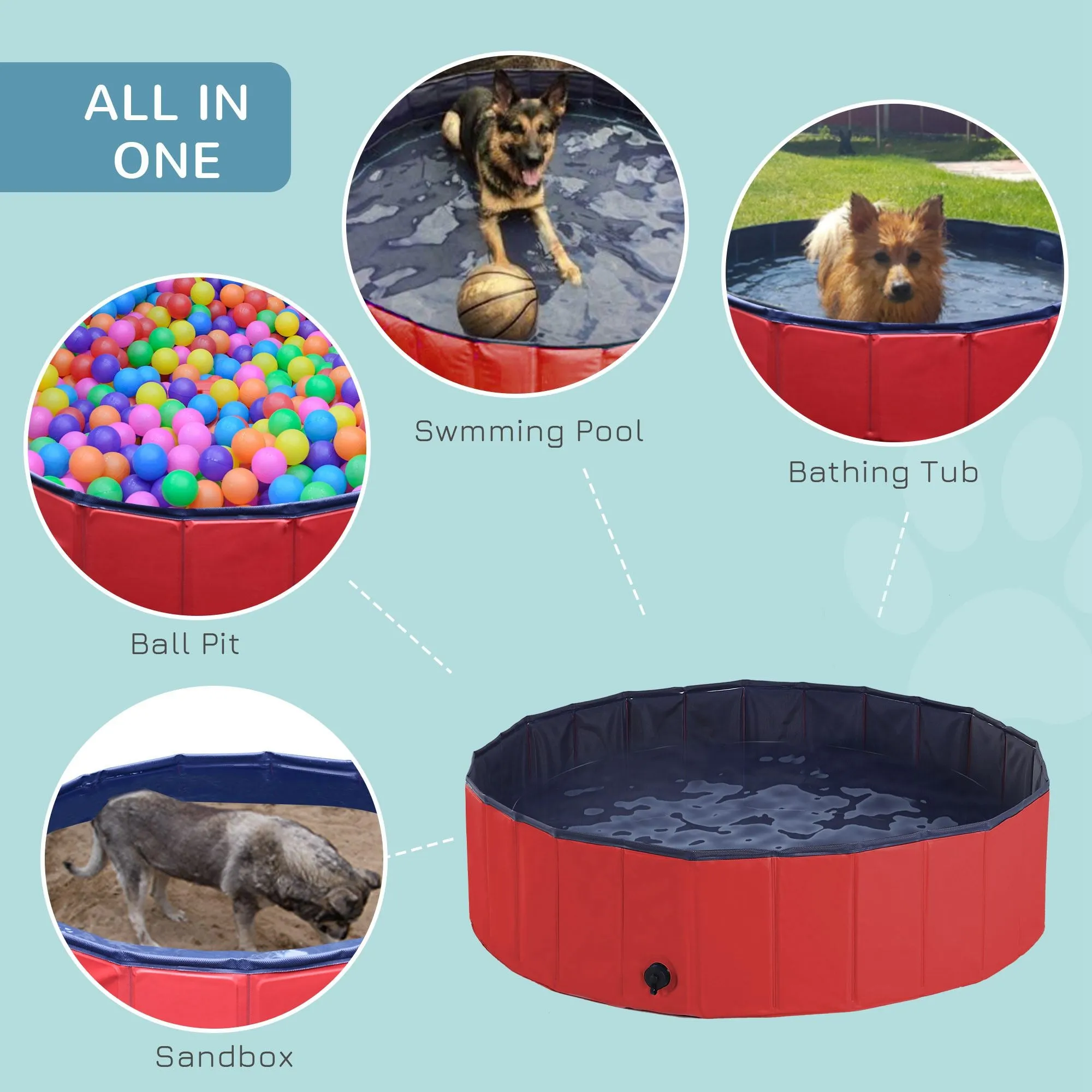 Foldable Dog Paddling Pool Pet Cat Swimming Pool Indoor/Outdoor Collapsible Summer Bathing Tub Shower Tub Puppy Washer (120 × 30H cm, Red)