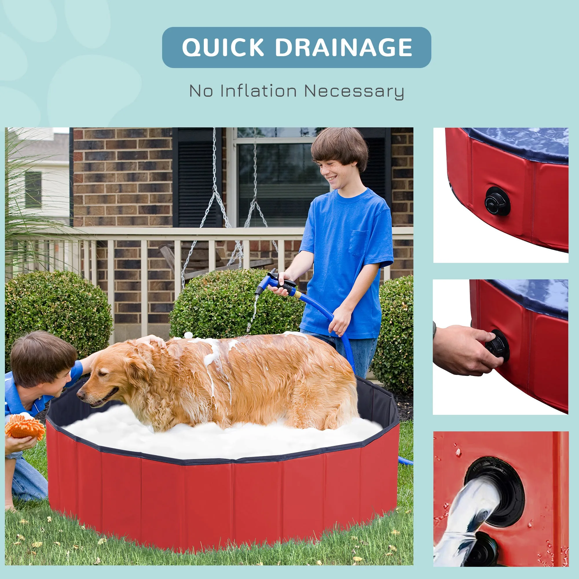 Foldable Dog Paddling Pool Pet Cat Swimming Pool Indoor/Outdoor Collapsible Summer Bathing Tub Shower Tub Puppy Washer (120 × 30H cm, Red)