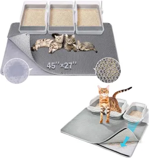 Fostanfly Cat Litter Mat Size 45"x 27" Grey, Detachable Button Desgin & Hook and Loop Fastener Desgin Machine Washable Double Layer, Urine & Waterproof for Kitty- Easy Clean for Floor