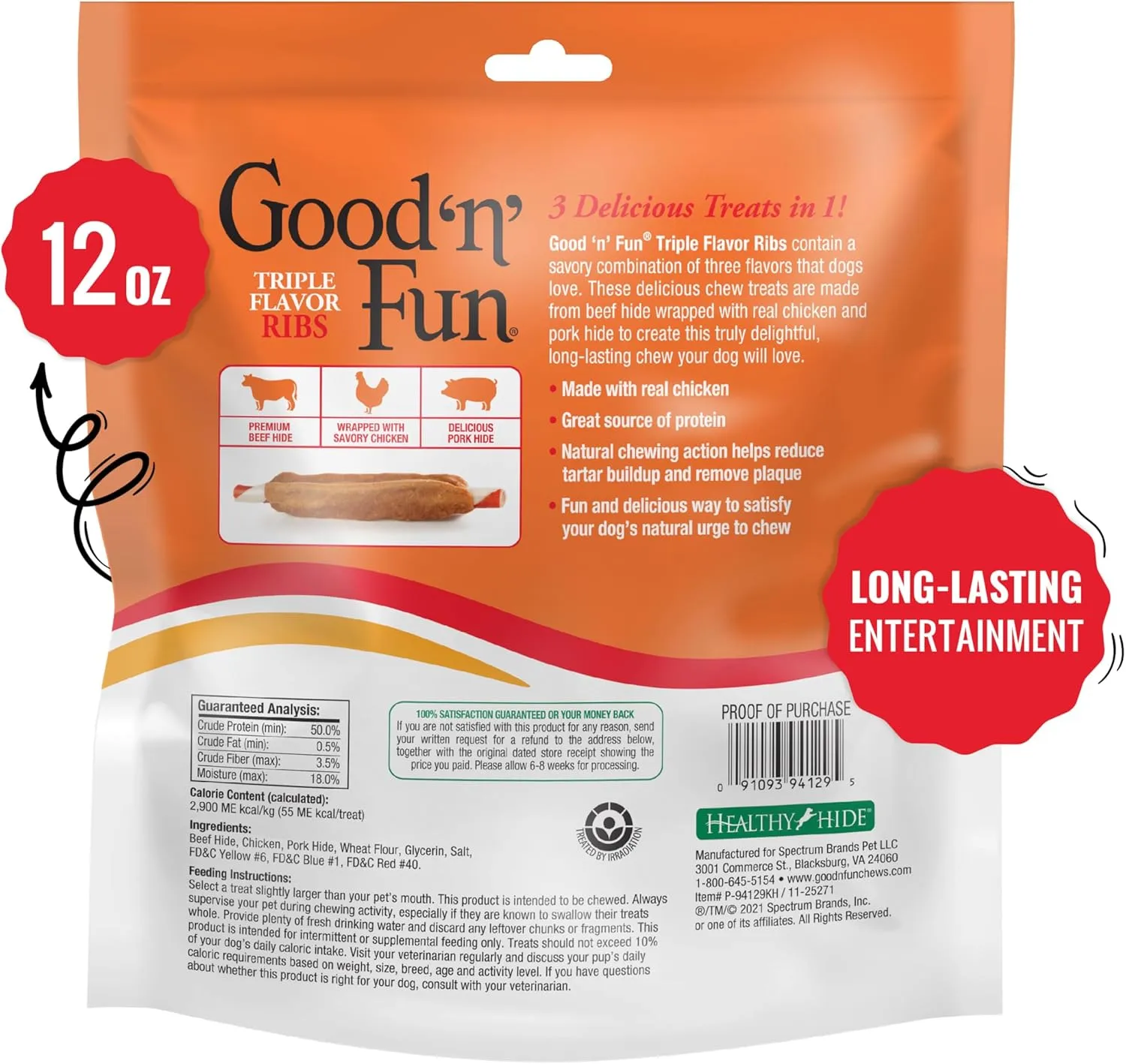Good n Fun Triple Flavor Ribs Chews for All Dogs, 12 Ounces, Treat Your Dog to Long-Lasting Chews Made with Beef Hide, Chicken and Pork Hide