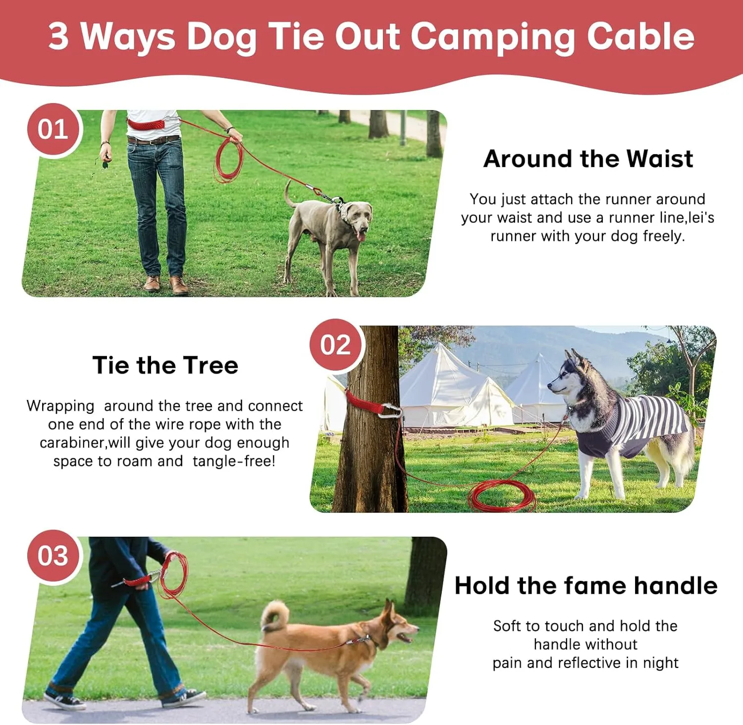 Heavy Duty Dog Leash - Chew Proof Tie Out Cable with Carabiner, 10/20/30/50 ft, Padded Handle for Medium Large Dogs